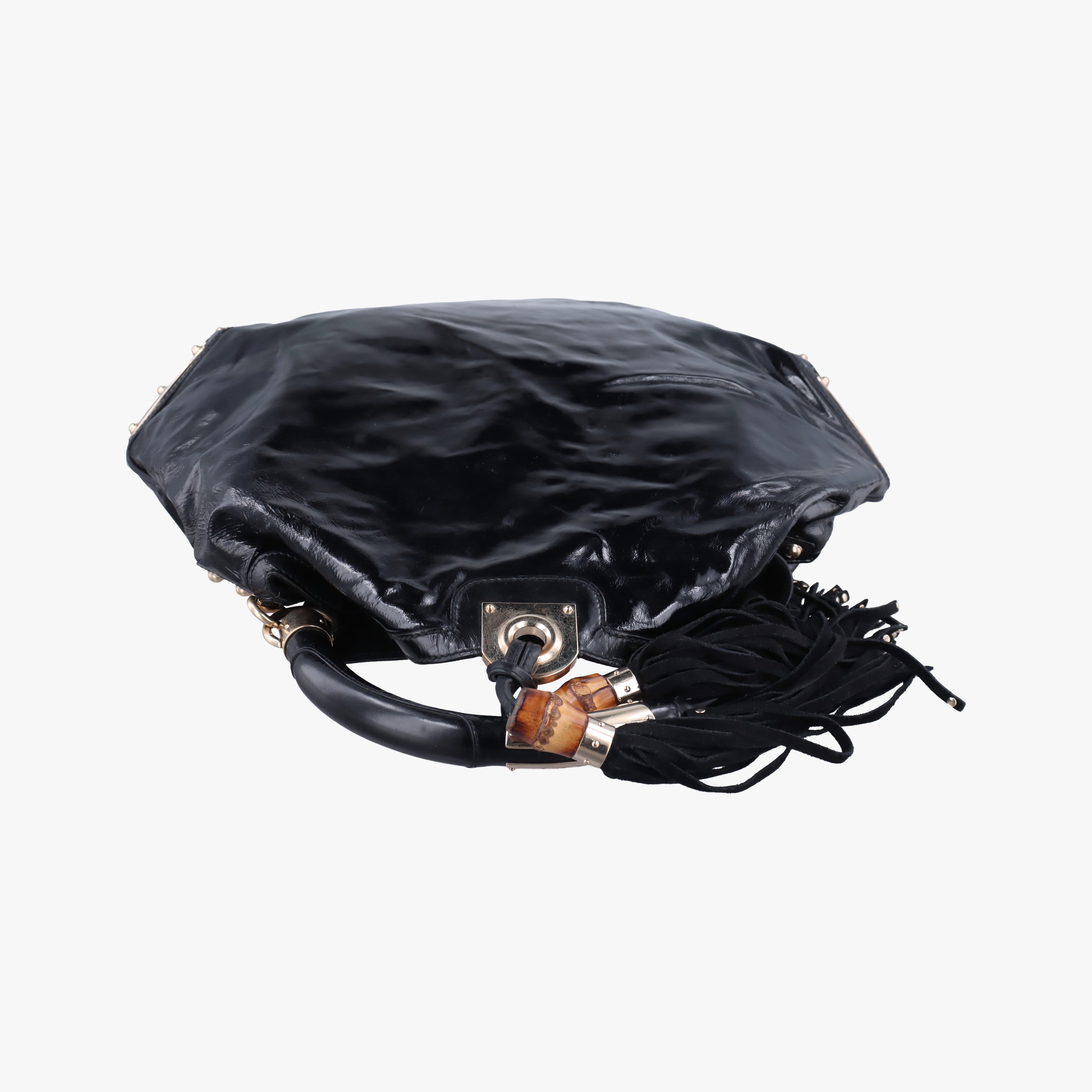 Pre-owned Gucci Bamboo Babouska Indy Hobo Black Patent 177088 handbag | stylenewstar