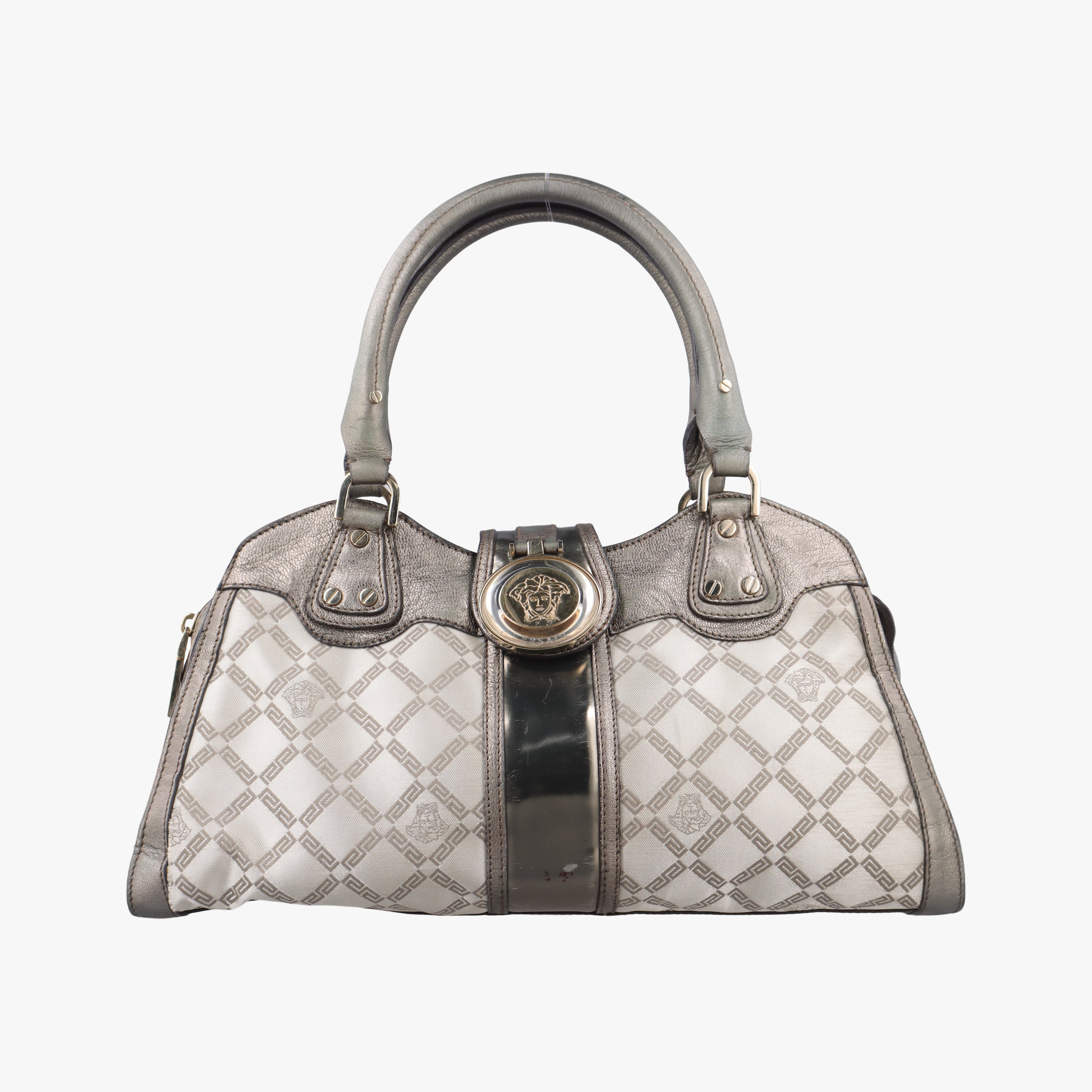 Pre-owned VERSACE medusa Beige x Gold Canvas x Leather  handbag | stylenewstar