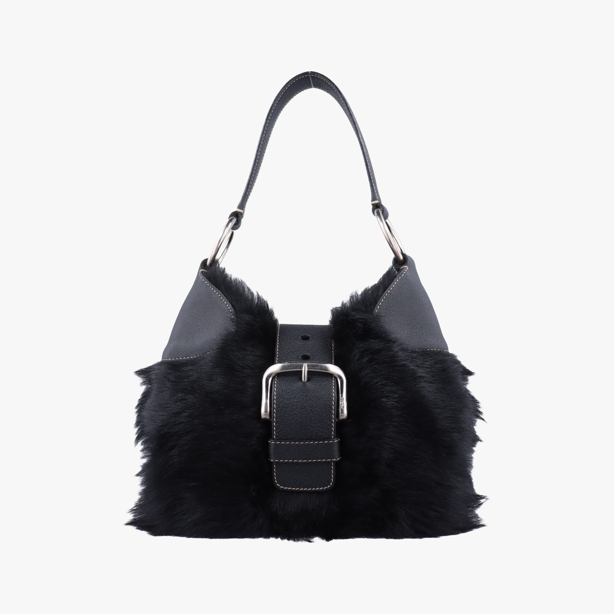 Pre-owned Prada Buckle Flap Hobo Black Mink× Leather  shoulderbag | stylenewstar