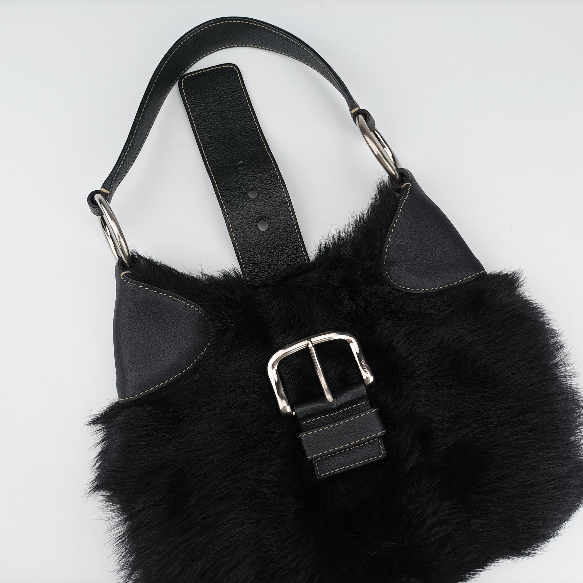 Pre-owned Prada Buckle Flap Hobo Black Mink× Leather  shoulderbag | stylenewstar