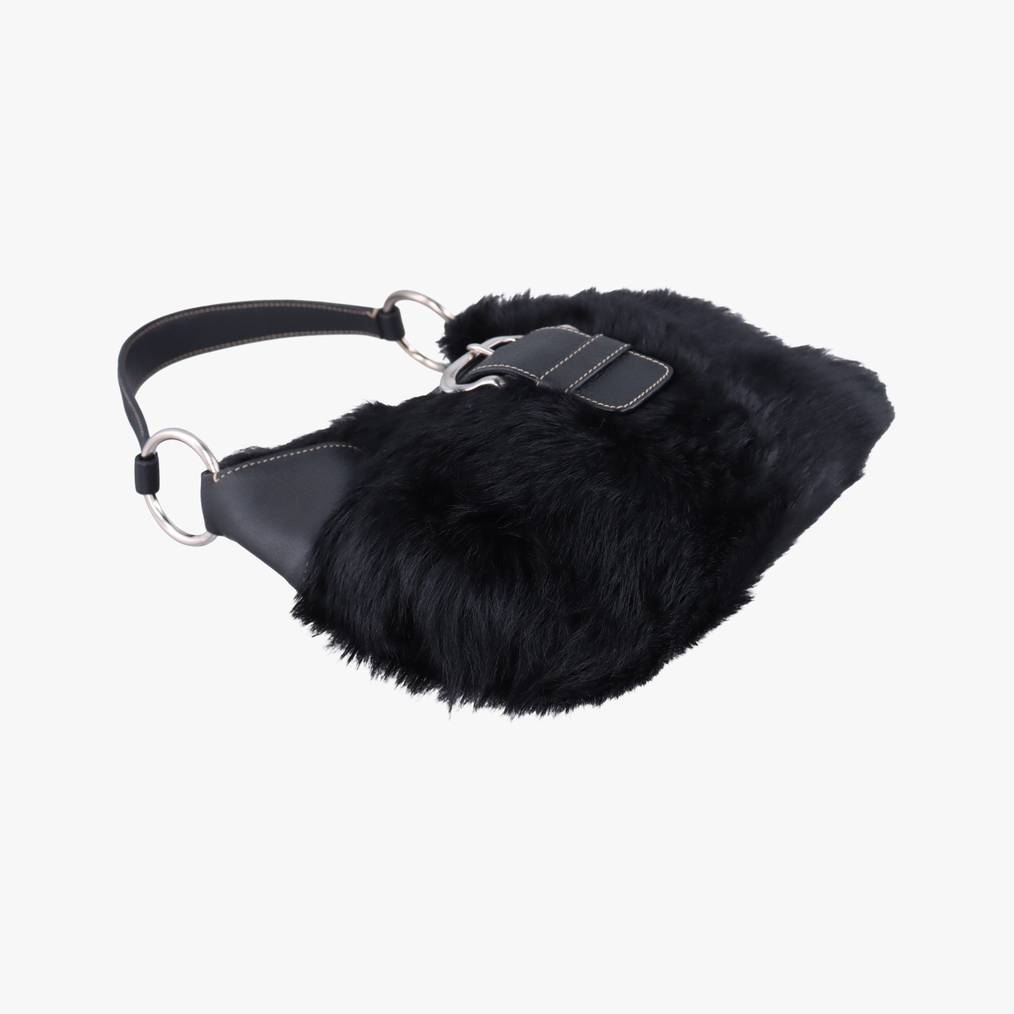 Pre-owned Prada Buckle Flap Hobo Black Mink× Leather  shoulderbag | stylenewstar