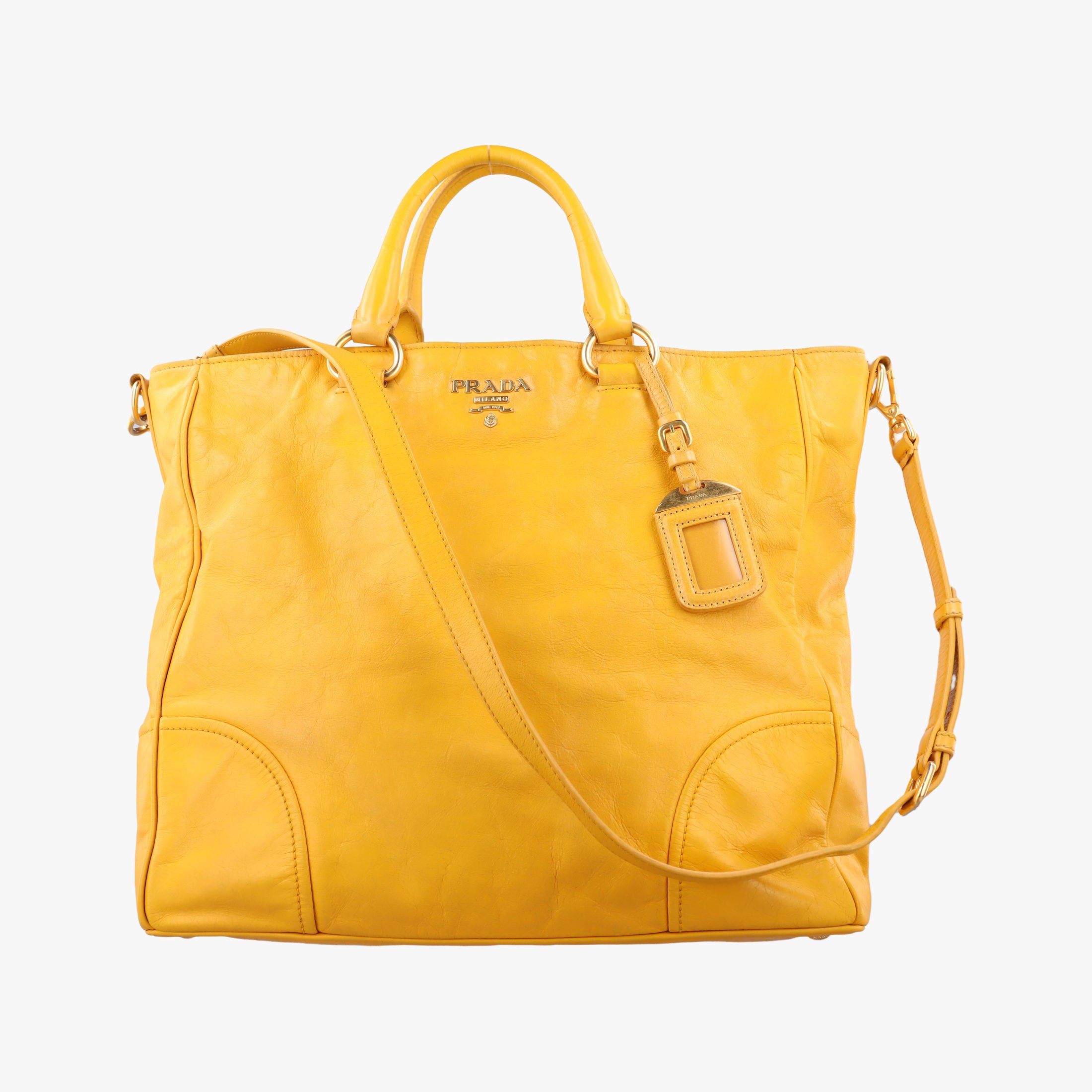 Pre-owned Prada Vitello Shine Argilla Yellow Leather  shoulderbag | stylenewstar