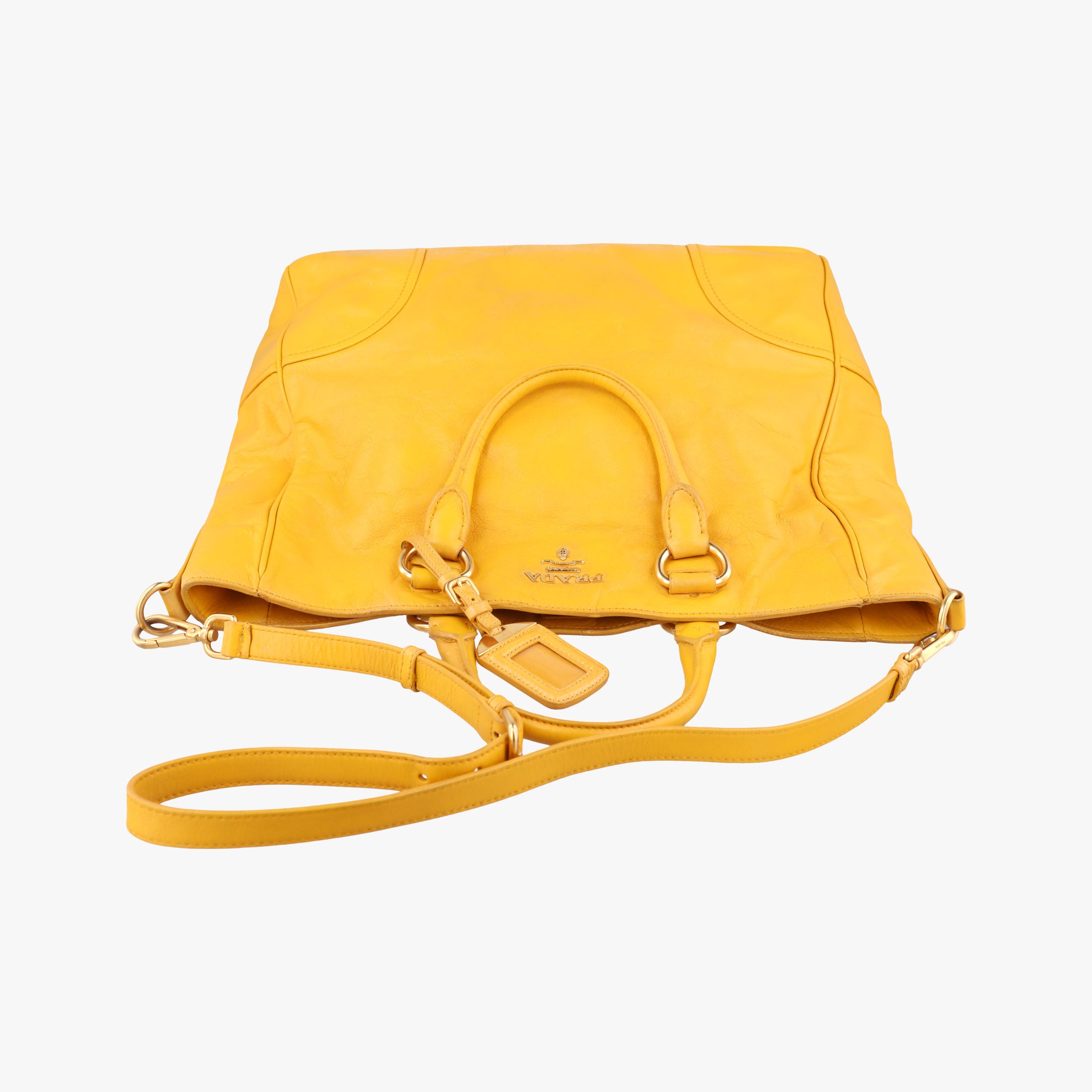 Pre-owned Prada Vitello Shine Argilla Yellow Leather  shoulderbag | stylenewstar