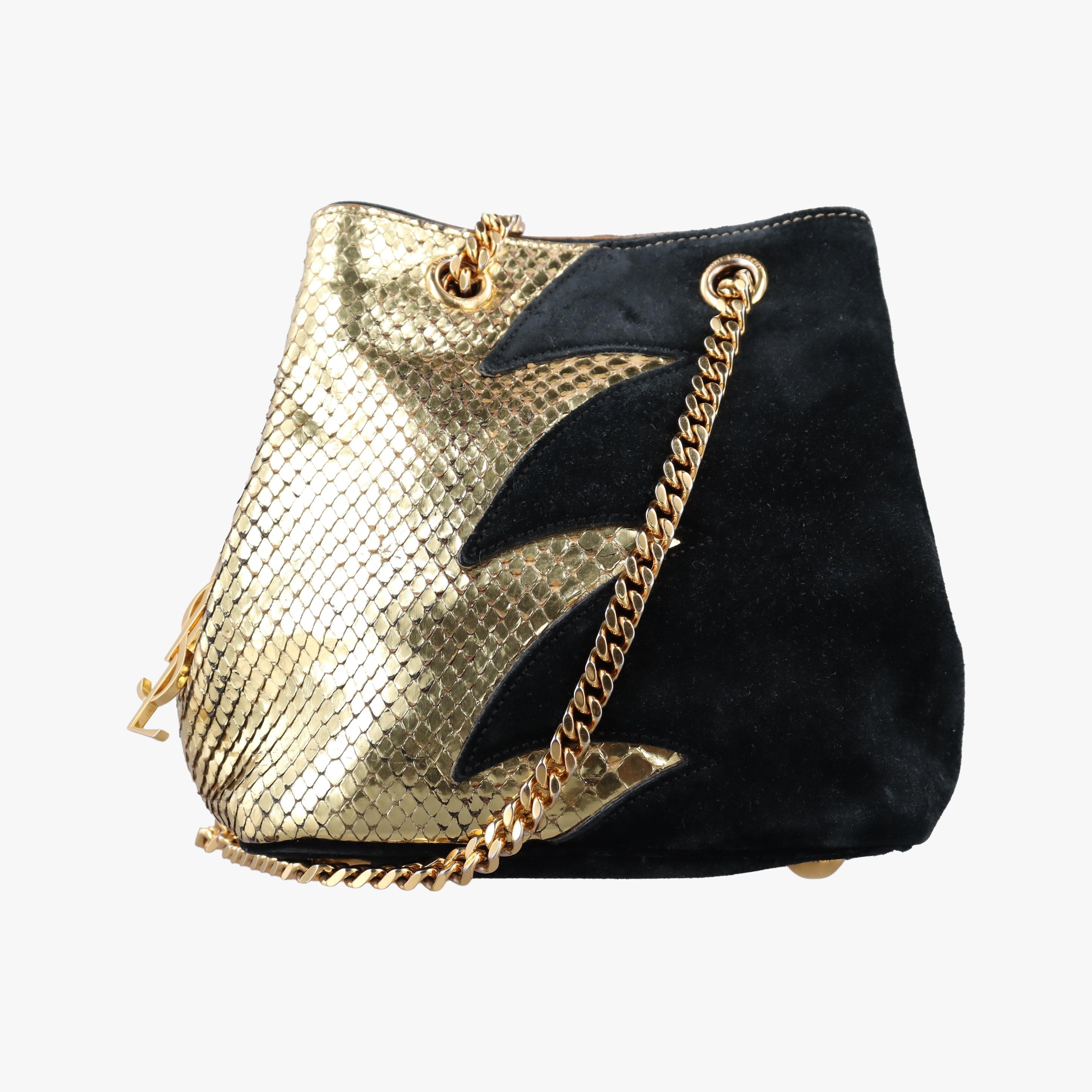Pre-owned Yves Saint Laurent Emmanuelle Chain Bucket Black×golden Suede x Snakeskin 434596 shoulderbag | stylenewstar