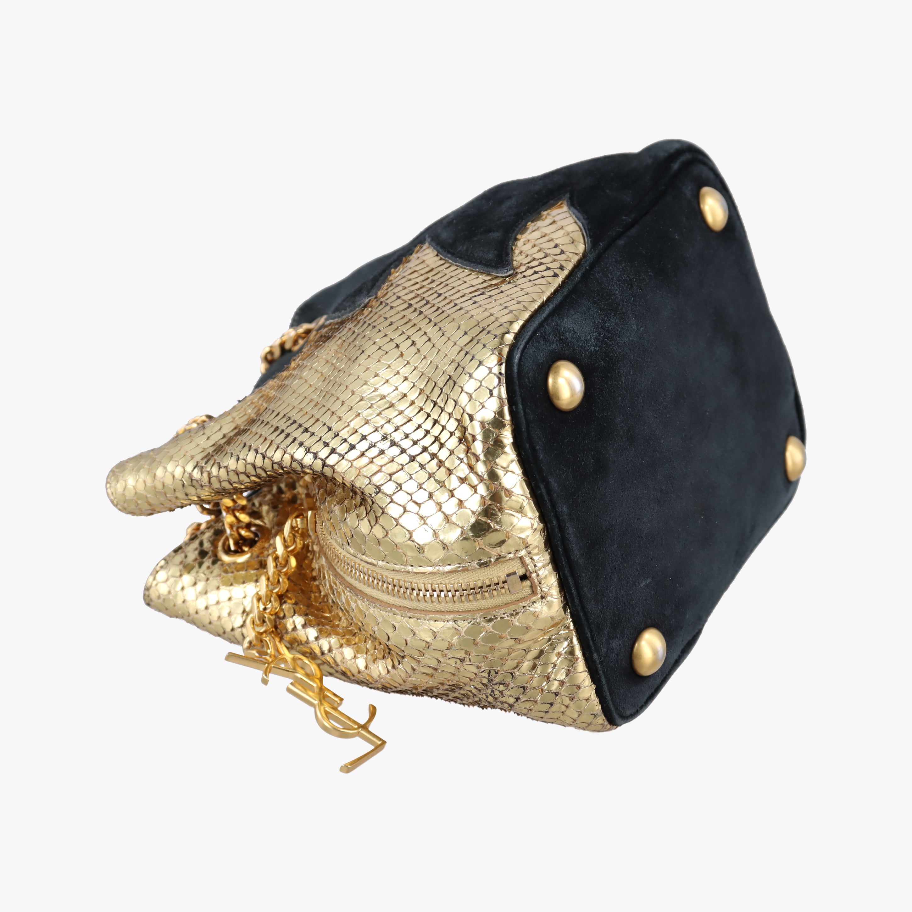 Pre-owned Yves Saint Laurent Emmanuelle Chain Bucket Black×golden Suede x Snakeskin 434596 shoulderbag | stylenewstar