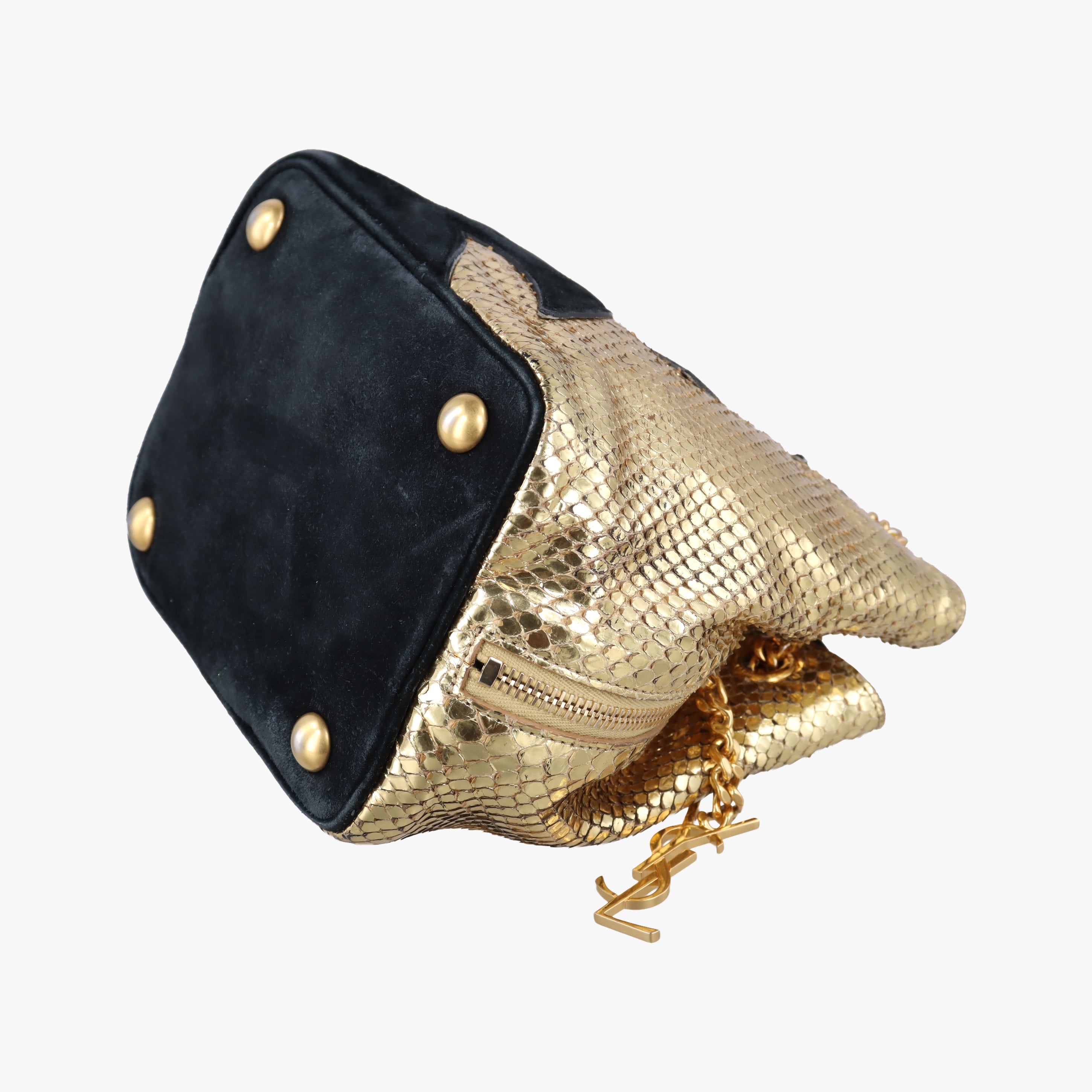 Pre-owned Yves Saint Laurent Emmanuelle Chain Bucket Black×golden Suede x Snakeskin 434596 shoulderbag | stylenewstar