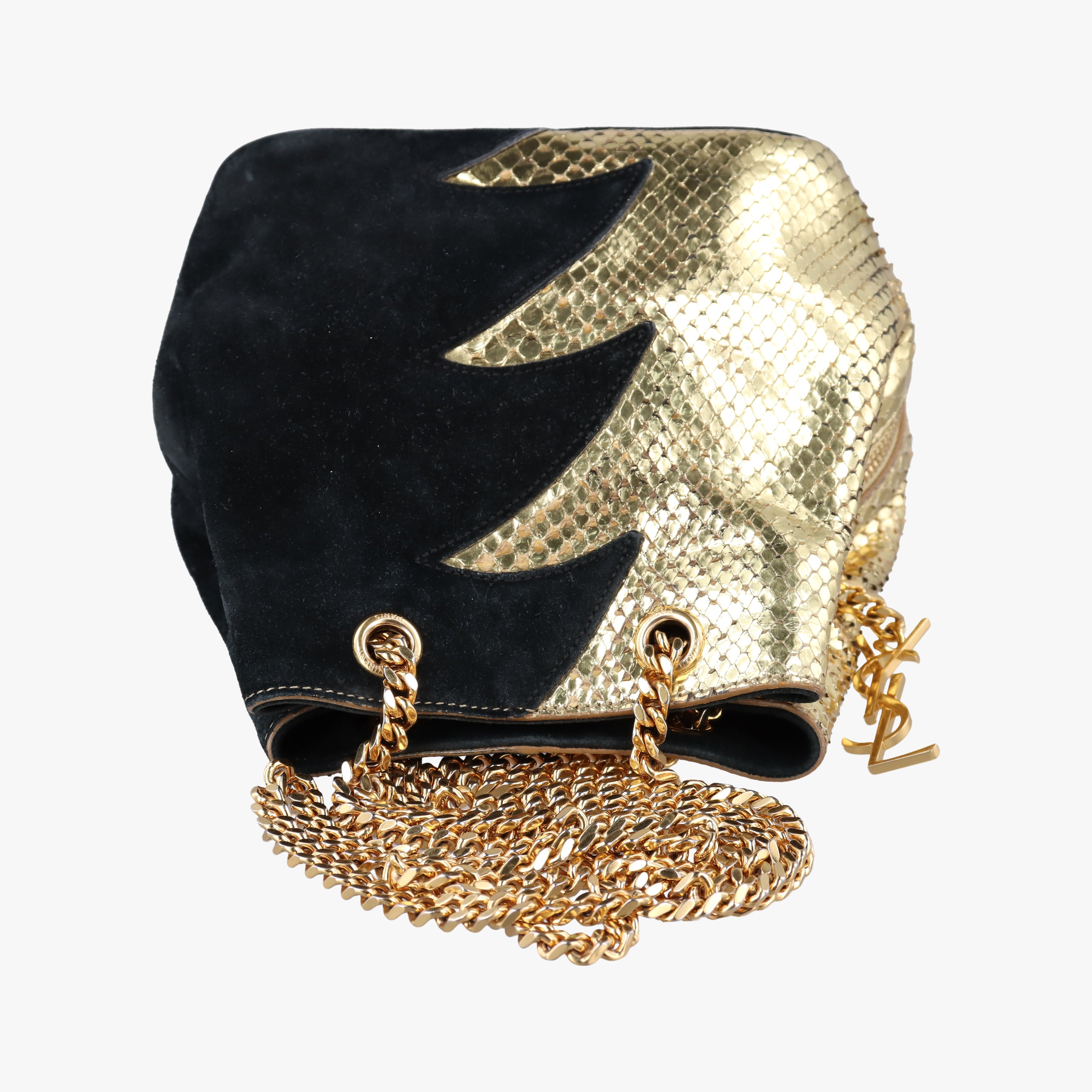 Pre-owned Yves Saint Laurent Emmanuelle Chain Bucket Black×golden Suede x Snakeskin 434596 shoulderbag | stylenewstar