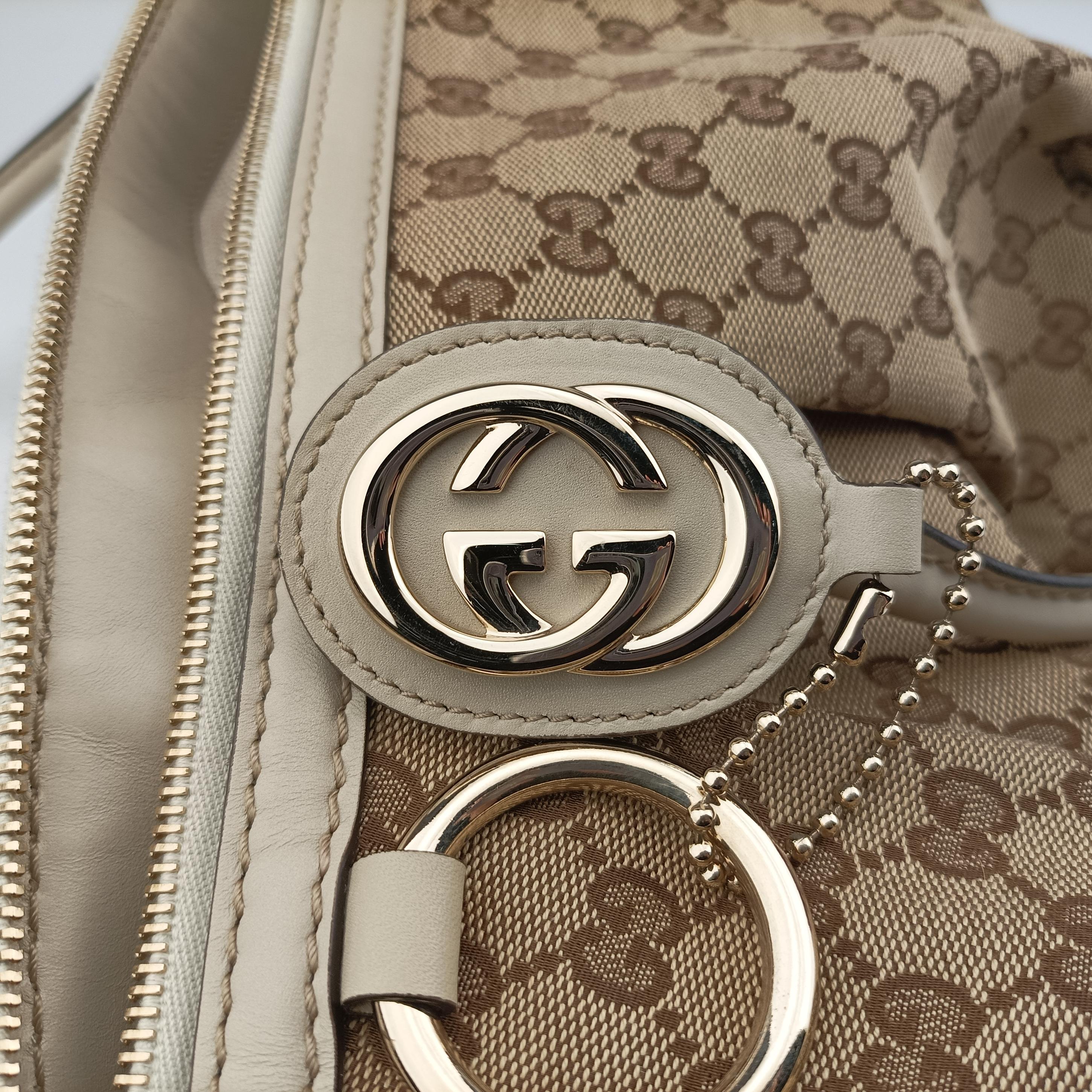 Pre-owned Gucci Sukey Brown×White canvas×leather 285730 shoulderbag | stylenewstar