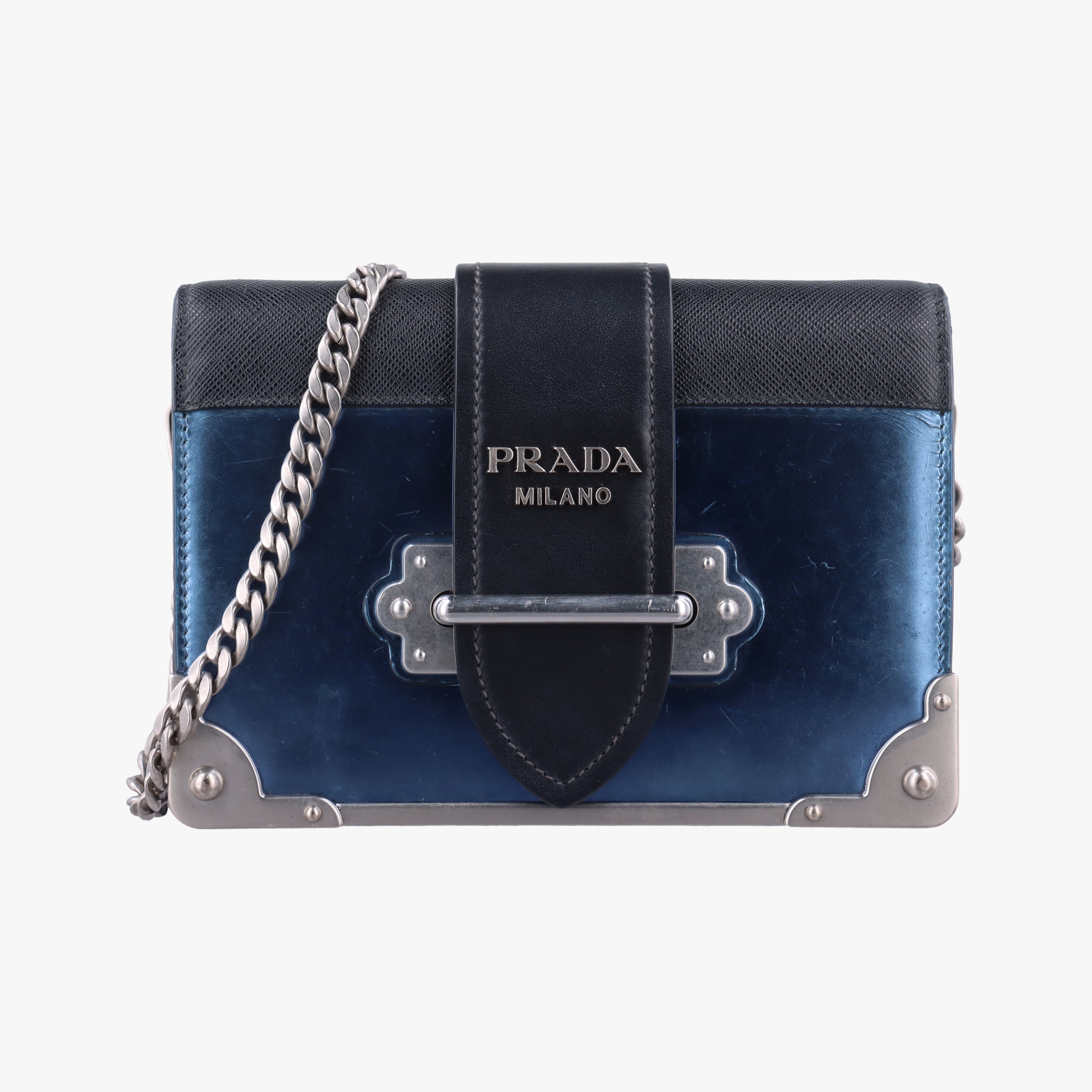 Pre-owned Prada Cahier Black×Blue Leather×Patent 1BH018 shoulderbag | stylenewstar