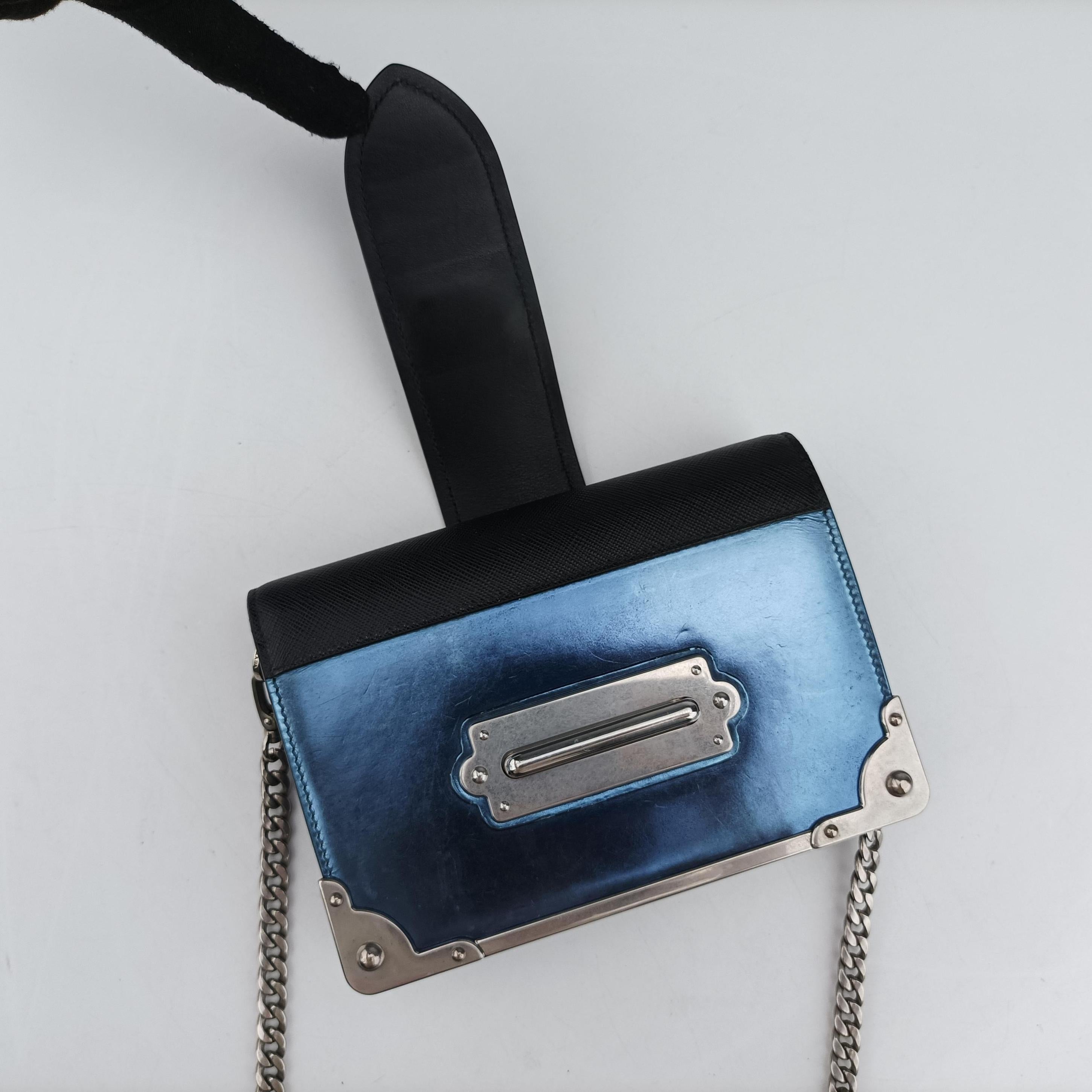 Pre-owned Prada Cahier Black×Blue Leather×Patent 1BH018 shoulderbag | stylenewstar