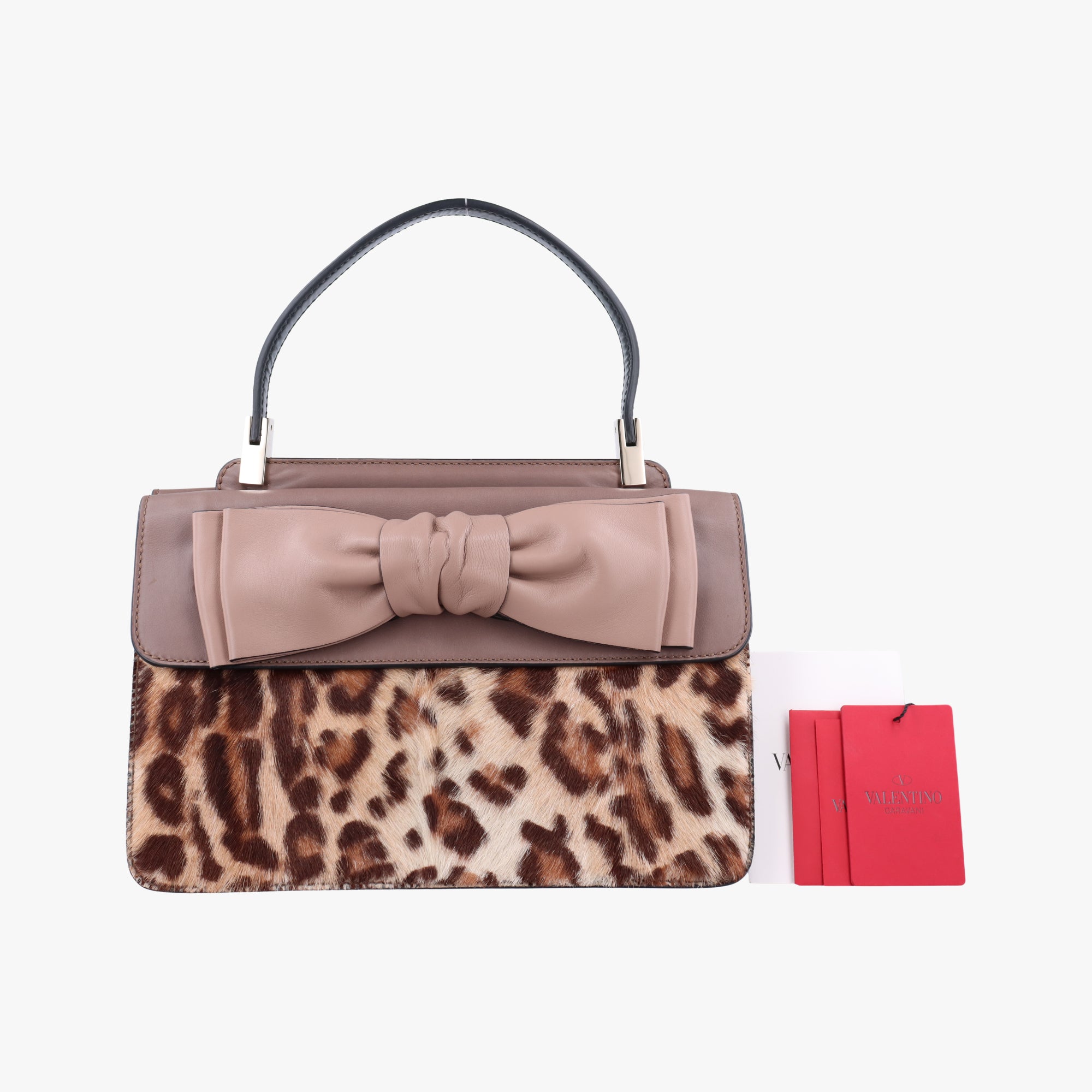 Pre-owned Valentino Animal Print Trim Flat Handle Bow Accents pink×Multicolour Ponyhair ×leather  handbag | stylenewstar
