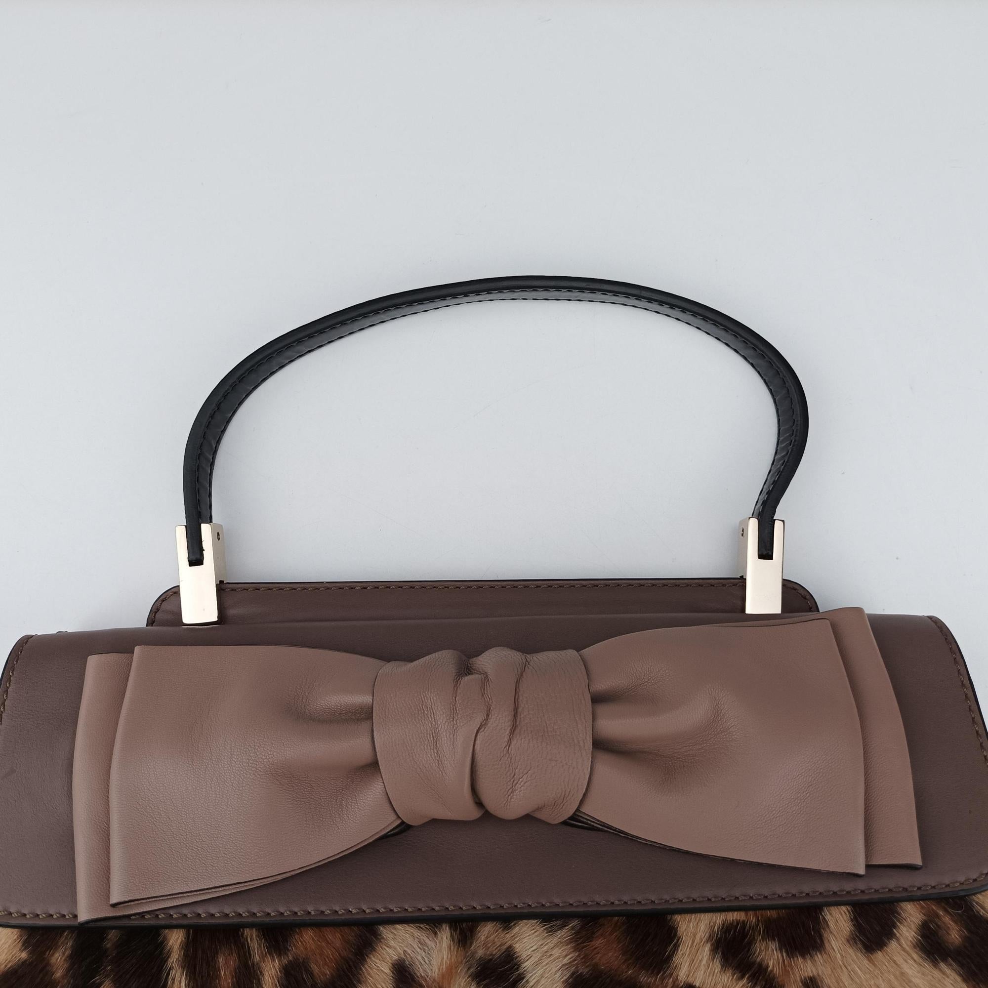 Pre-owned Valentino Animal Print Trim Flat Handle Bow Accents pink×Multicolour Ponyhair ×leather  handbag | stylenewstar