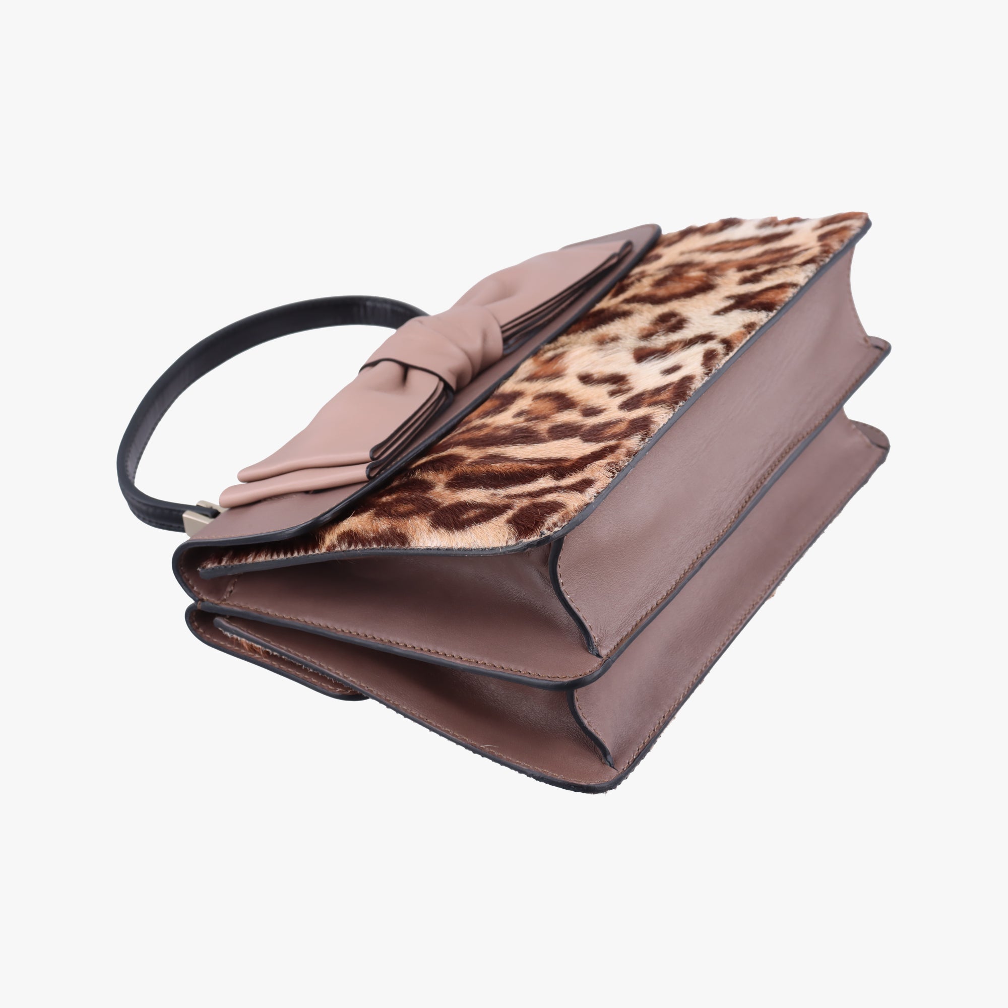 Pre-owned Valentino Animal Print Trim Flat Handle Bow Accents pink×Multicolour Ponyhair ×leather  handbag | stylenewstar