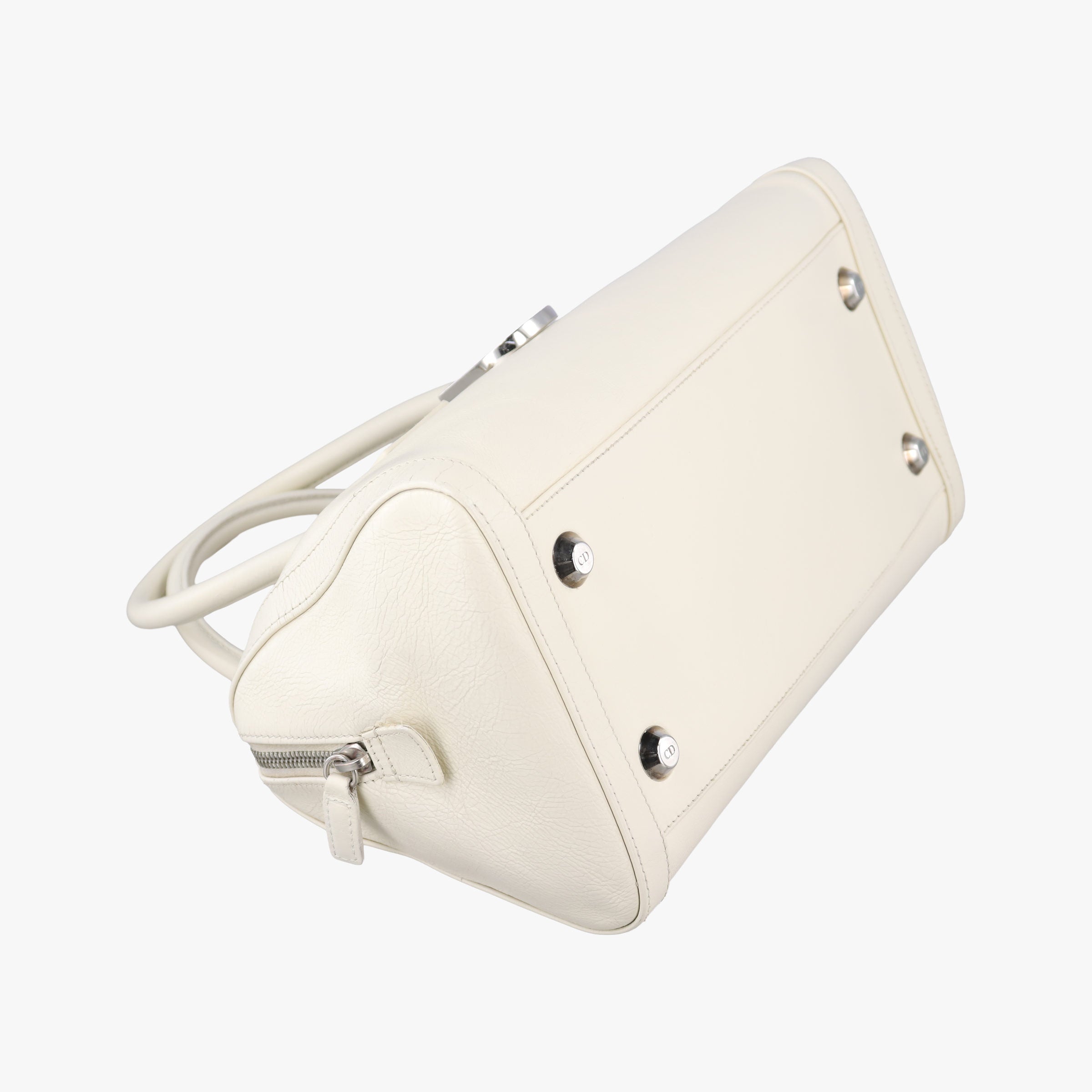 Pre-owned Christian Dior D Logo Mini Boston White Leather  handbag | stylenewstar