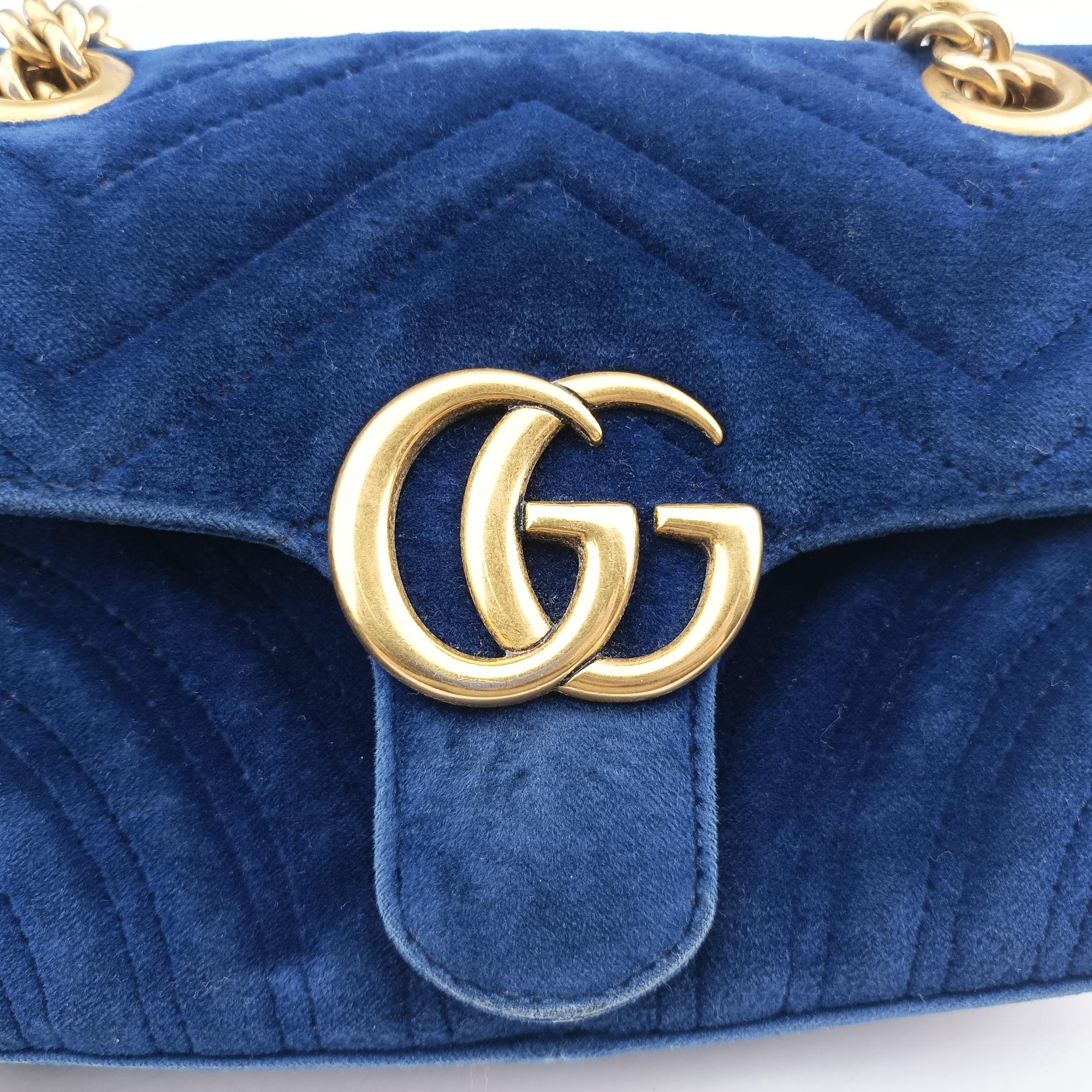 Pre-owned Gucci GG Marmont Blue velour 446744 shoulderbag | stylenewstar