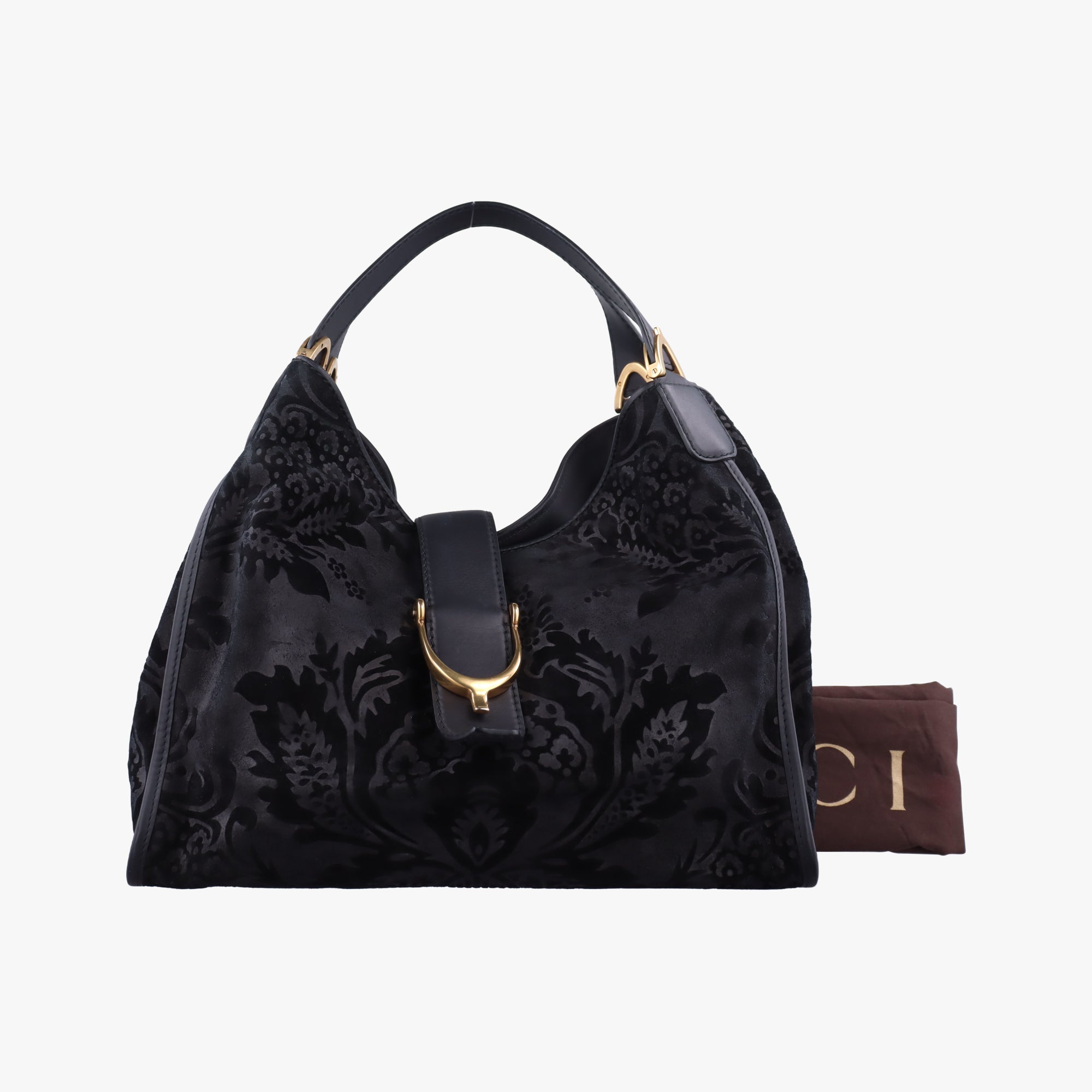 Pre-owned Gucci Brocade Soft Stirrup Tote Black velour 296856 shoulderbag | stylenewstar
