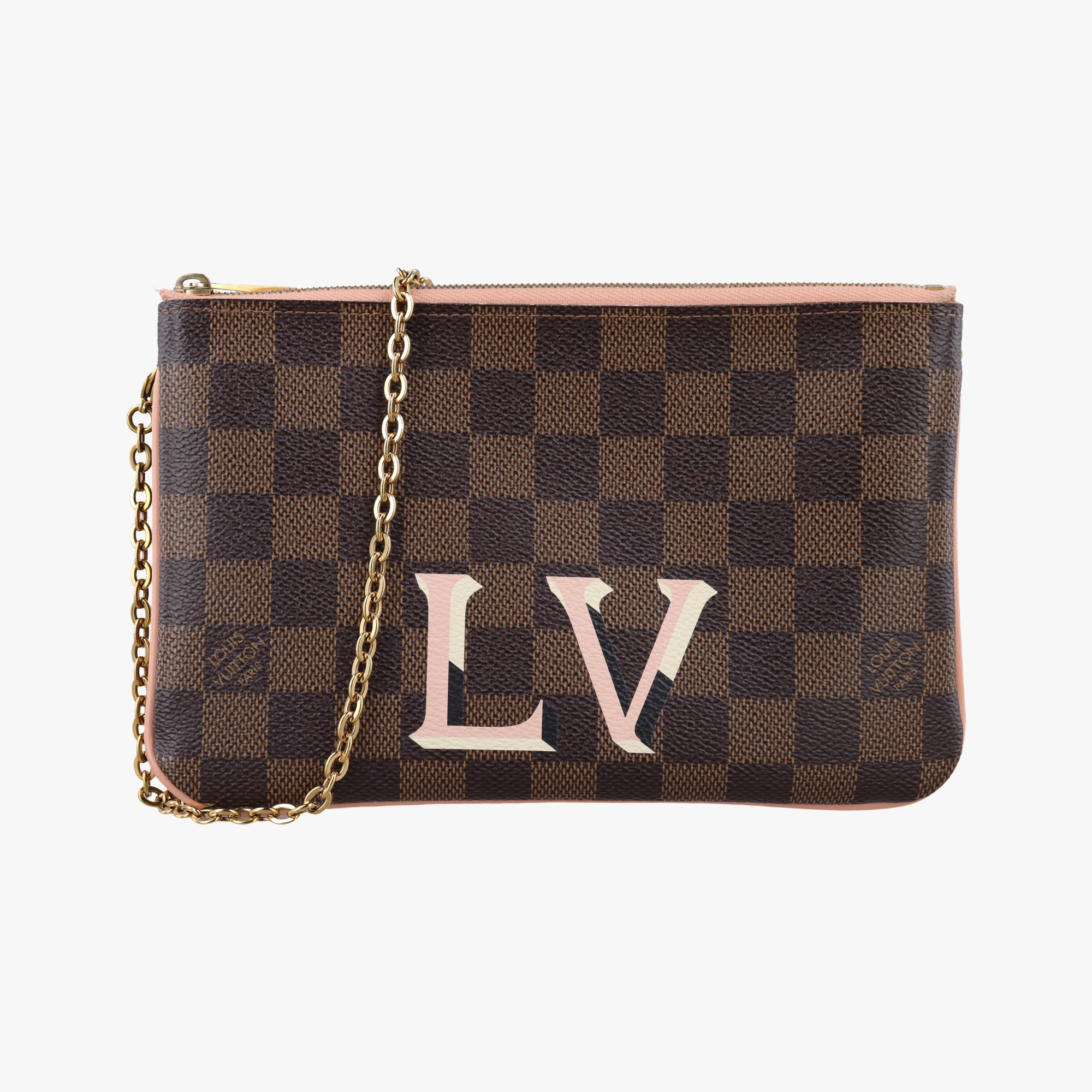 Pre-owned Louis Vuitton Pochette Double Zip EBENE×Rose Ballerine Damier Canvas N60254 shoulderbag | stylenewstar