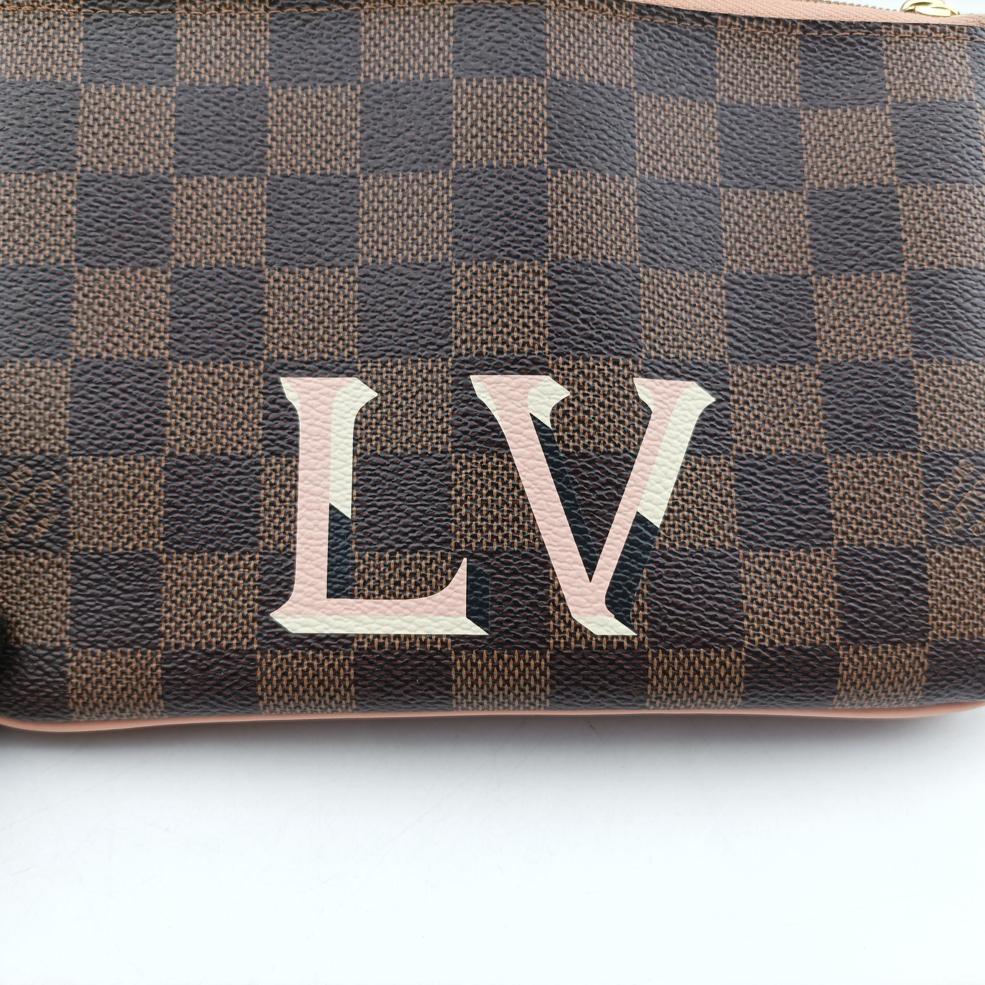 Pre-owned Louis Vuitton Pochette Double Zip EBENE×Rose Ballerine Damier Canvas N60254 shoulderbag | stylenewstar