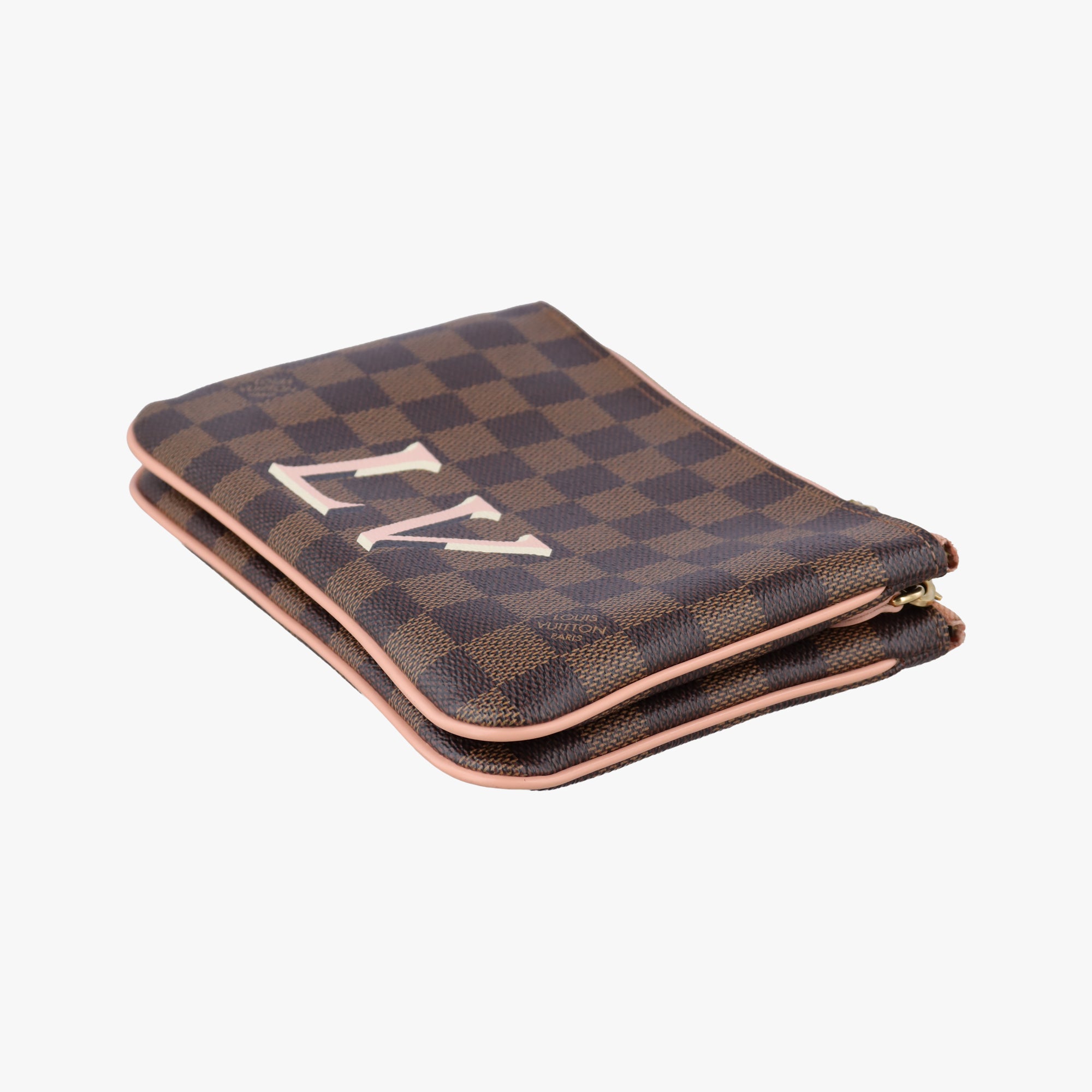 Pre-owned Louis Vuitton Pochette Double Zip EBENE×Rose Ballerine Damier Canvas N60254 shoulderbag | stylenewstar