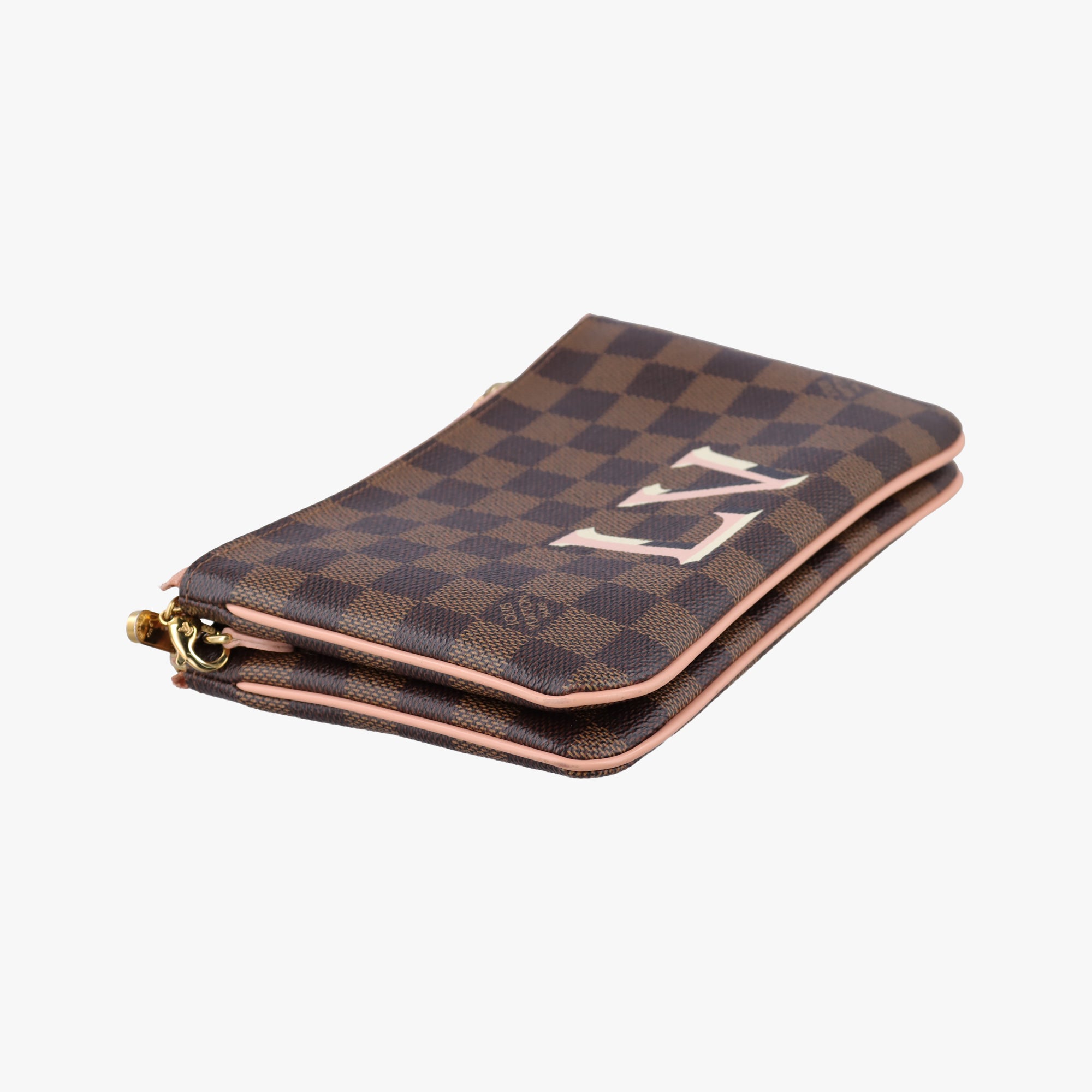 Pre-owned Louis Vuitton Pochette Double Zip EBENE×Rose Ballerine Damier Canvas N60254 shoulderbag | stylenewstar