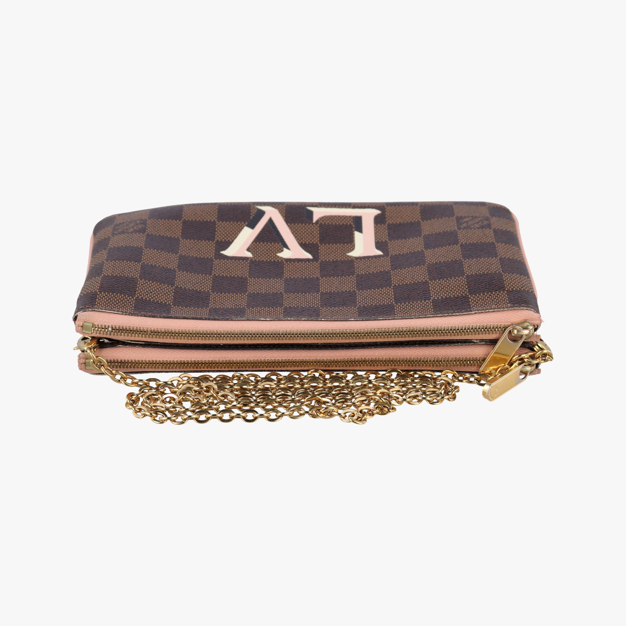 Pre-owned Louis Vuitton Pochette Double Zip EBENE×Rose Ballerine Damier Canvas N60254 shoulderbag | stylenewstar