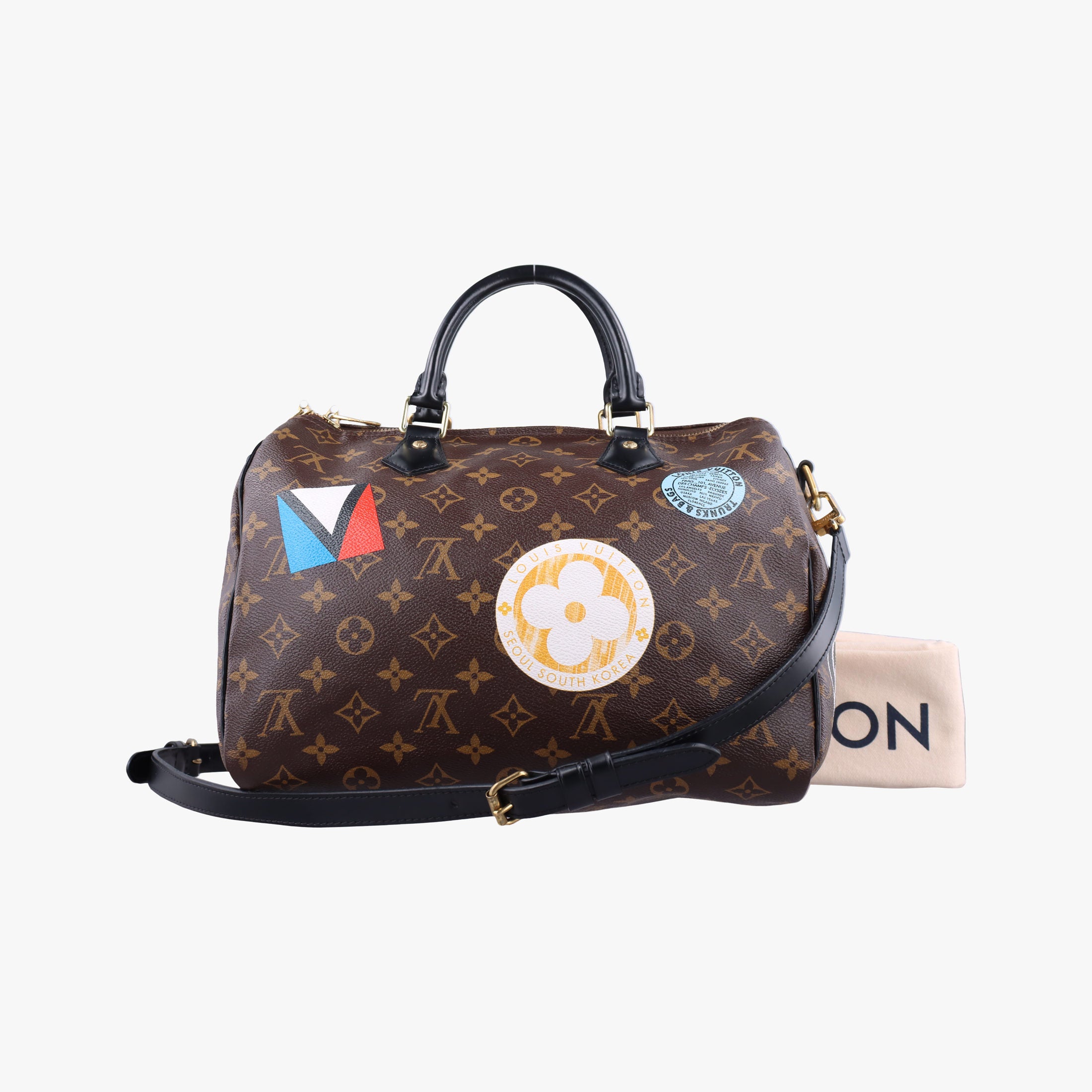 Vintage Louis Vuitton My World Tour Speedy Bandouliere 30 brown×multicolor Monogram Patches  shoulderbag | stylenewstar