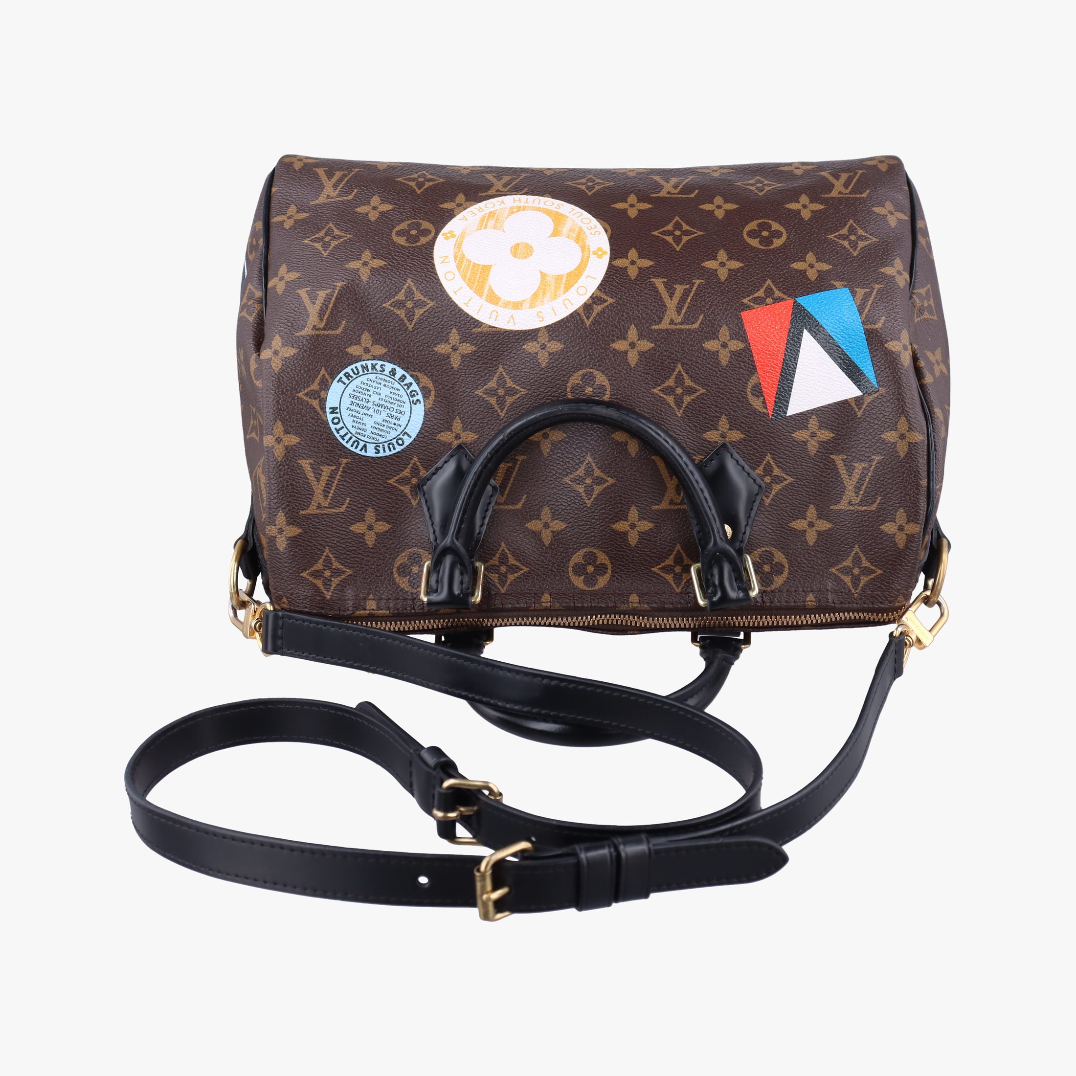 Vintage Louis Vuitton My World Tour Speedy Bandouliere 30 brown×multicolor Monogram Patches  shoulderbag | stylenewstar