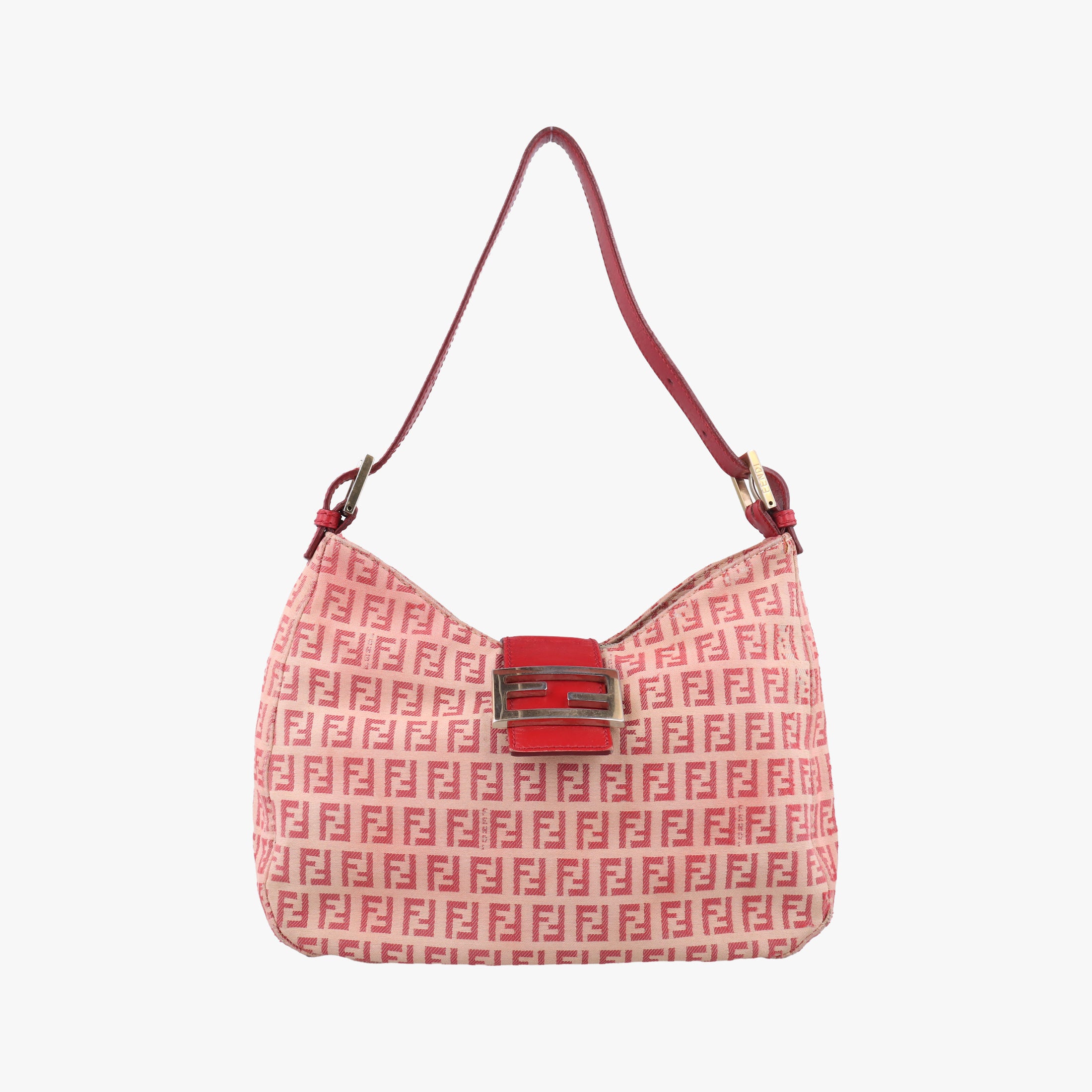 Pre-owned Fendi Zucchino Beige x Red canvas xLeather 8BR036 shoulderbag | stylenewstar