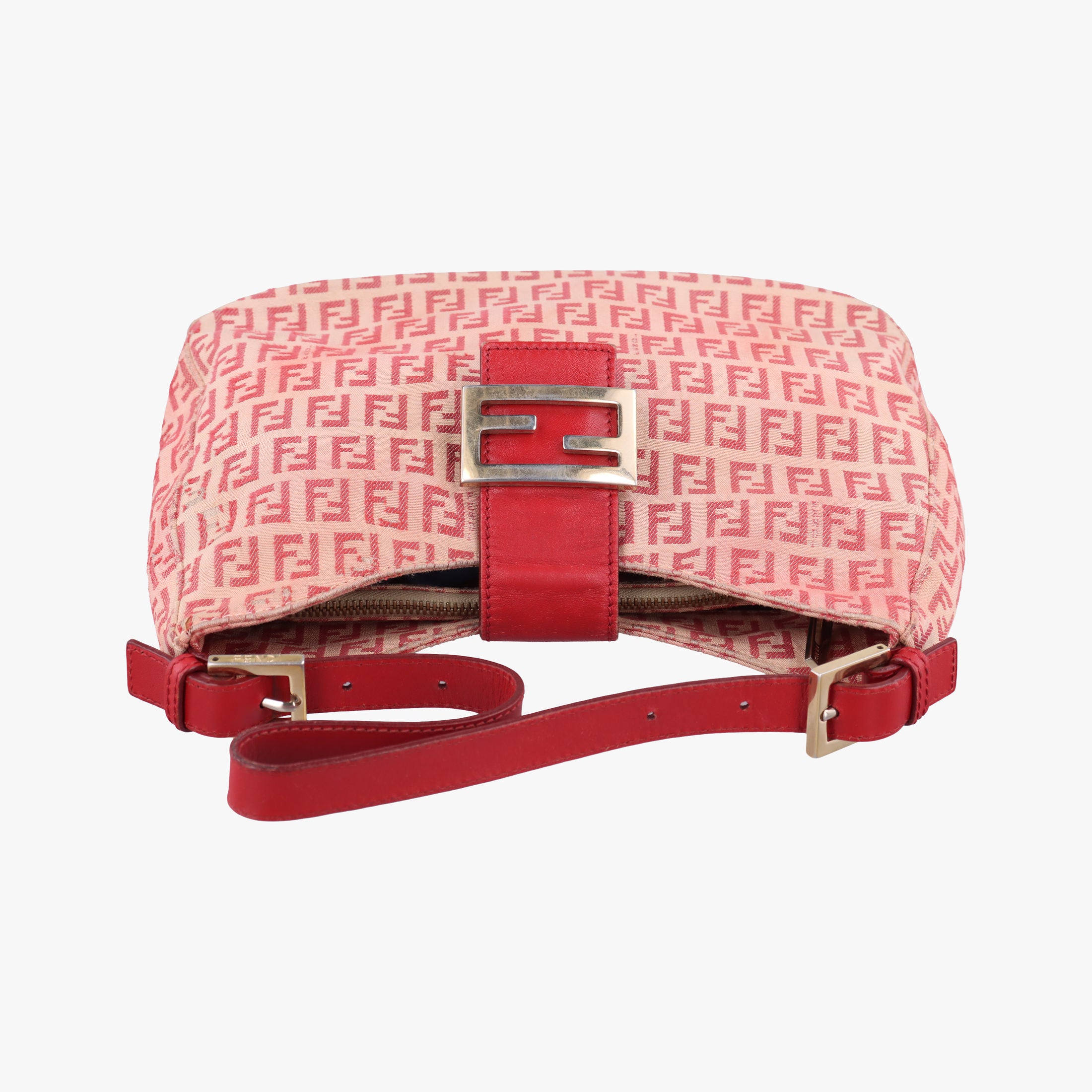 Pre-owned Fendi Zucchino Beige x Red canvas xLeather 8BR036 shoulderbag | stylenewstar