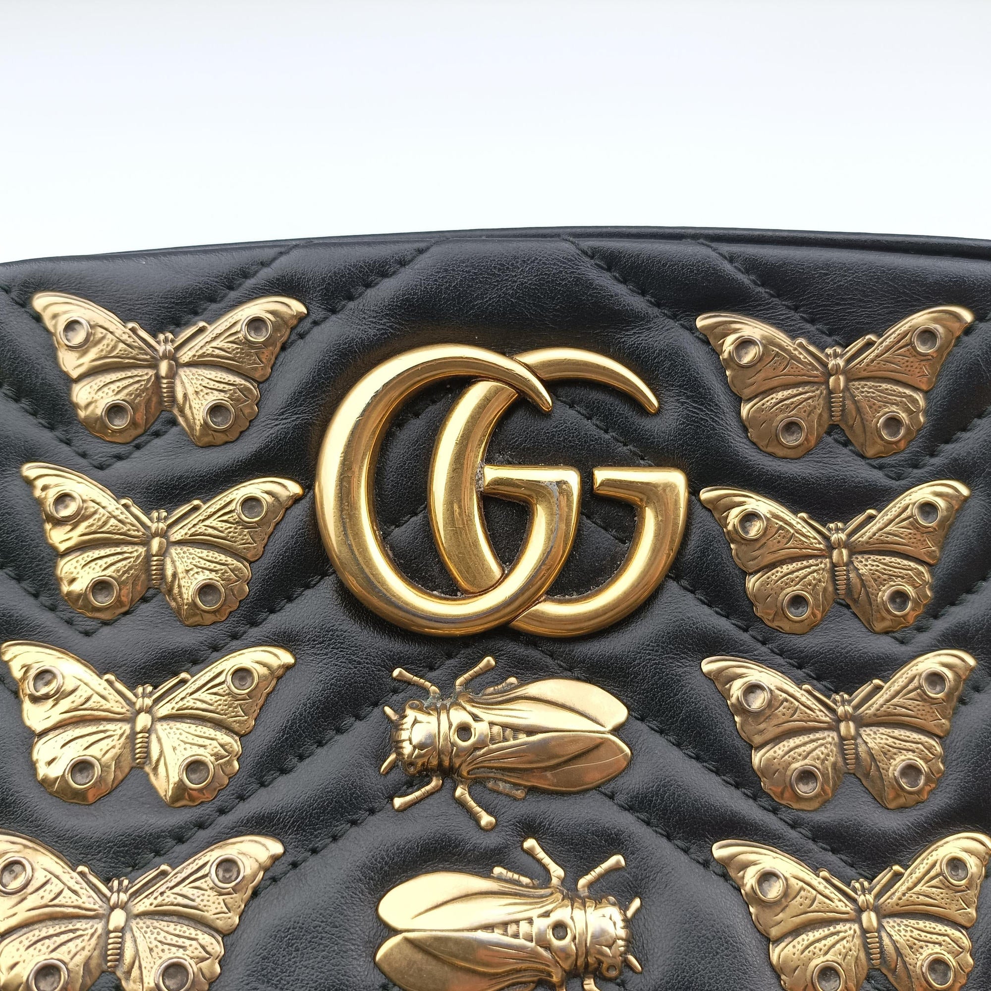 Pre-owned Gucci GG Marmont Animalier Black Leather 447632 shoulderbag | stylenewstar