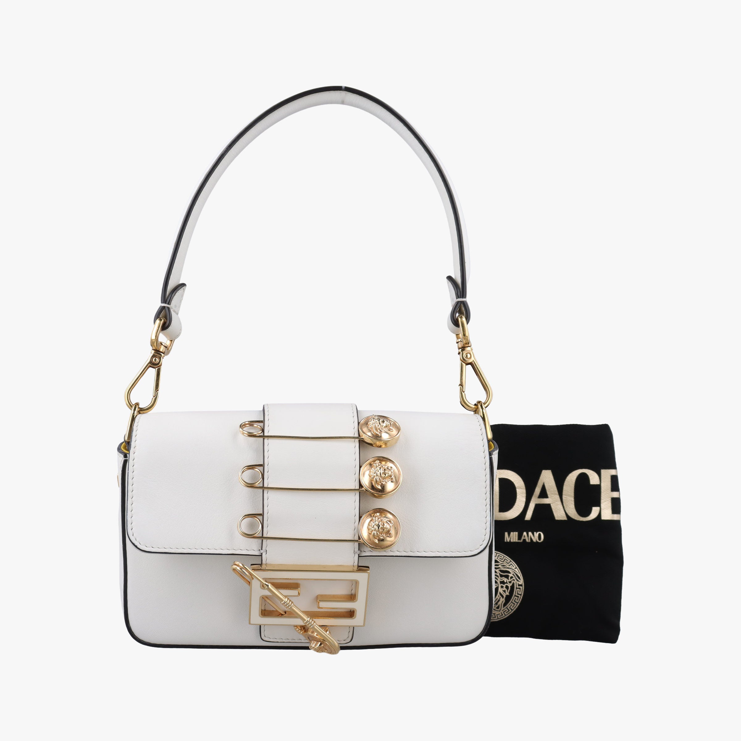 Pre-owned Fendi Fendace Brooch Mini Baguette White Leather 8BS066 shoulderbag | stylenewstar