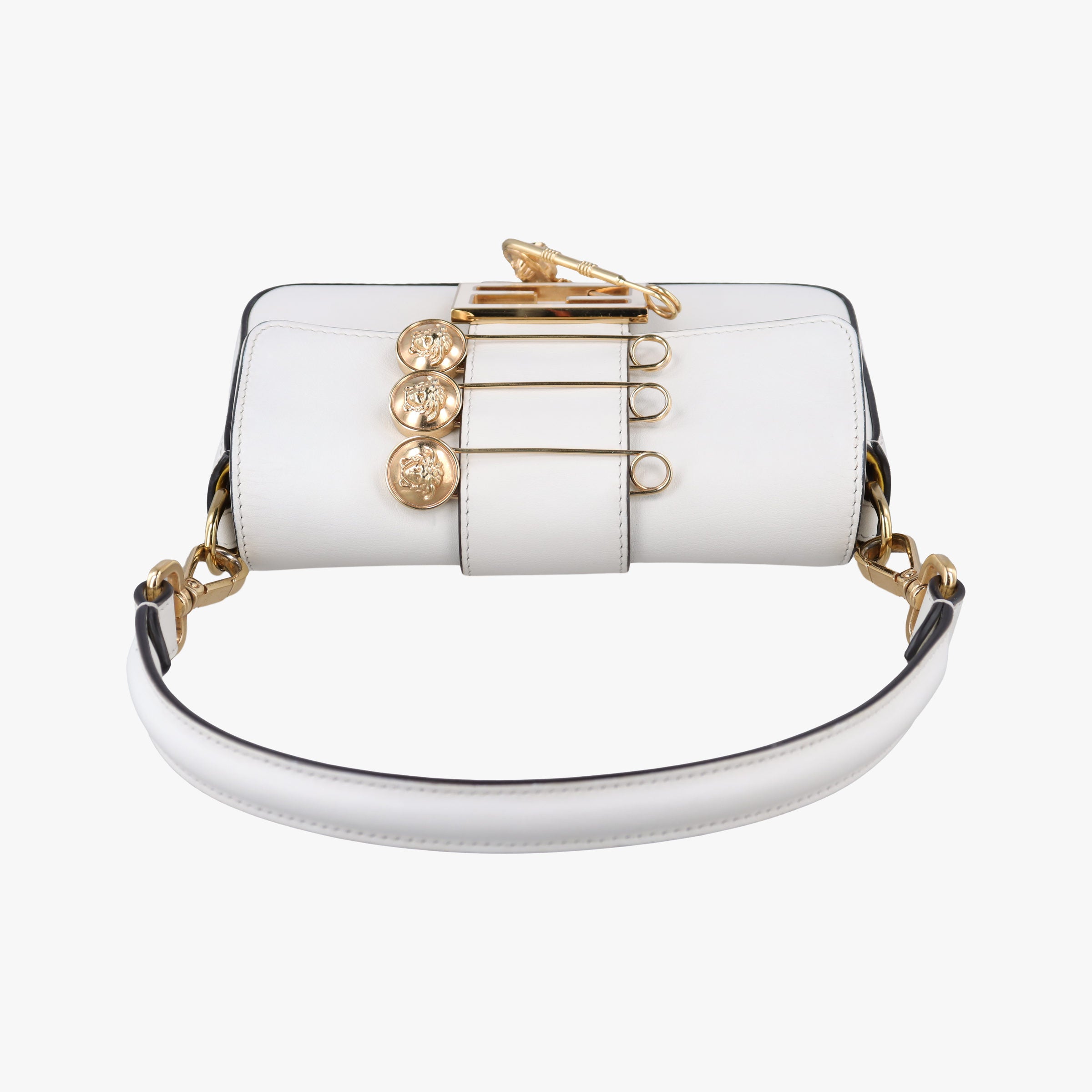Pre-owned Fendi Fendace Brooch Mini Baguette White Leather 8BS066 shoulderbag | stylenewstar
