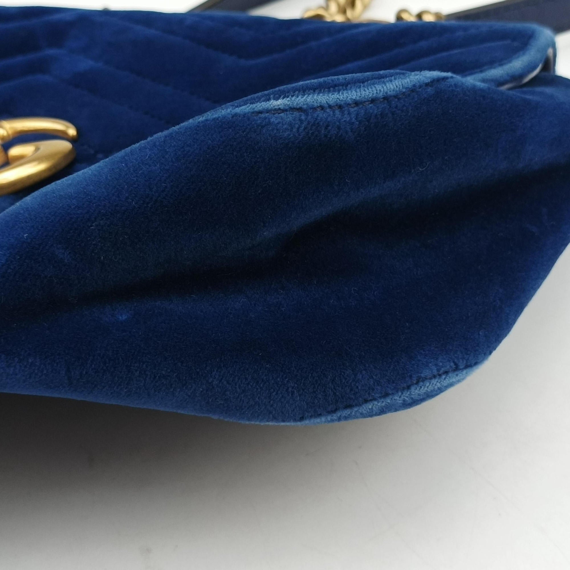 Pre-owned Gucci GG Marmont Blue velour 446744 shoulderbag | stylenewstar