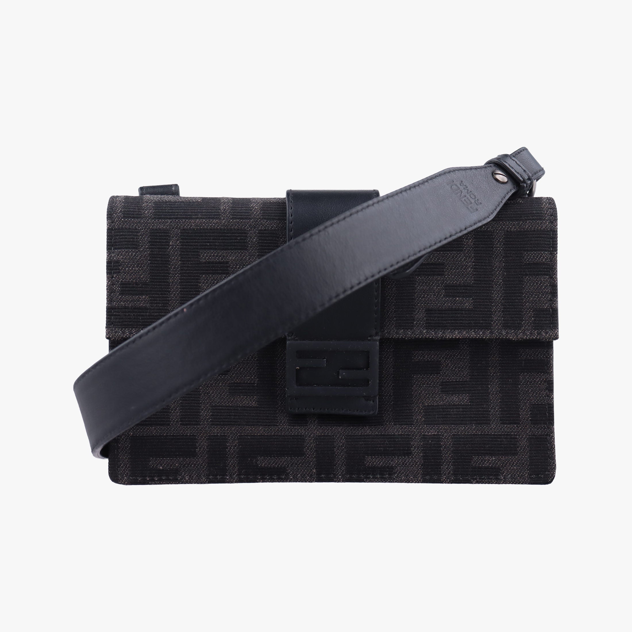 Pre-owned Fendi FF Logo Baguette slim Black x Gray canvas×Leather 7M0295 shoulderbag | stylenewstar