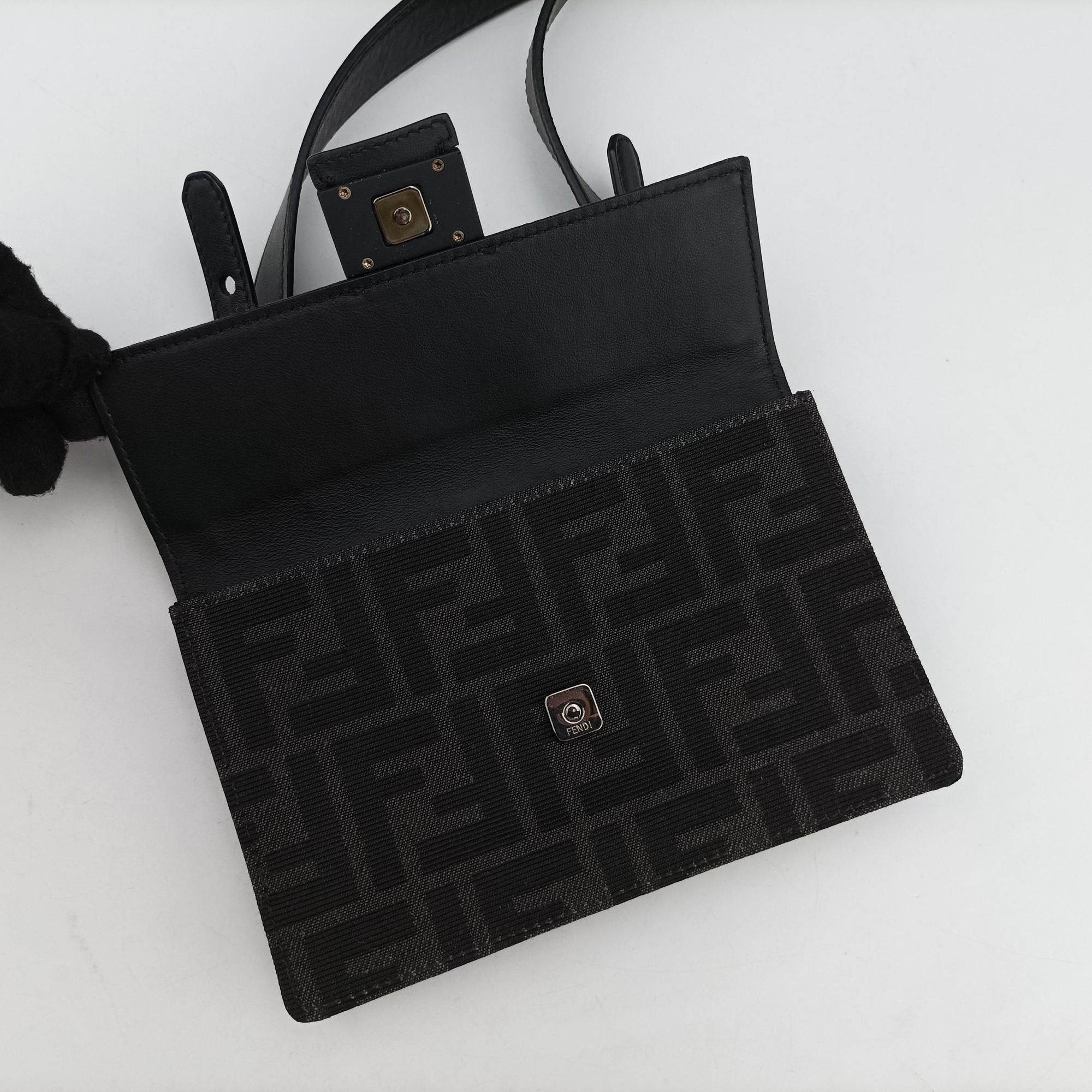 Pre-owned Fendi FF Logo Baguette slim Black x Gray canvas×Leather 7M0295 shoulderbag | stylenewstar