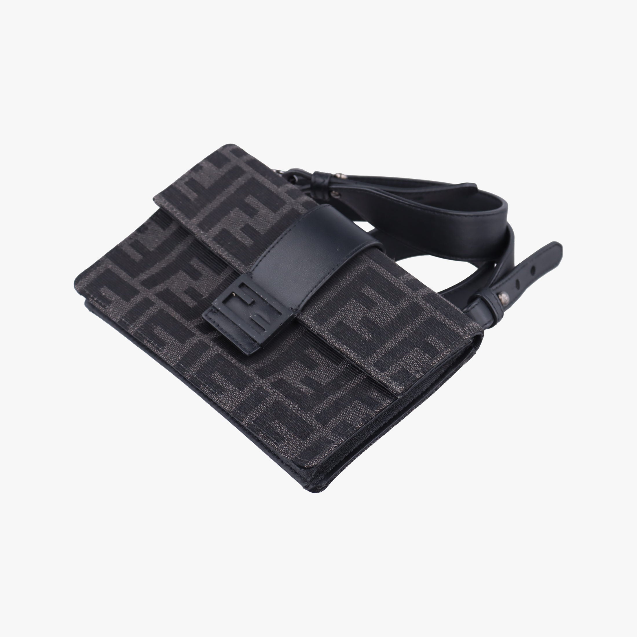 Pre-owned Fendi FF Logo Baguette slim Black x Gray canvas×Leather 7M0295 shoulderbag | stylenewstar