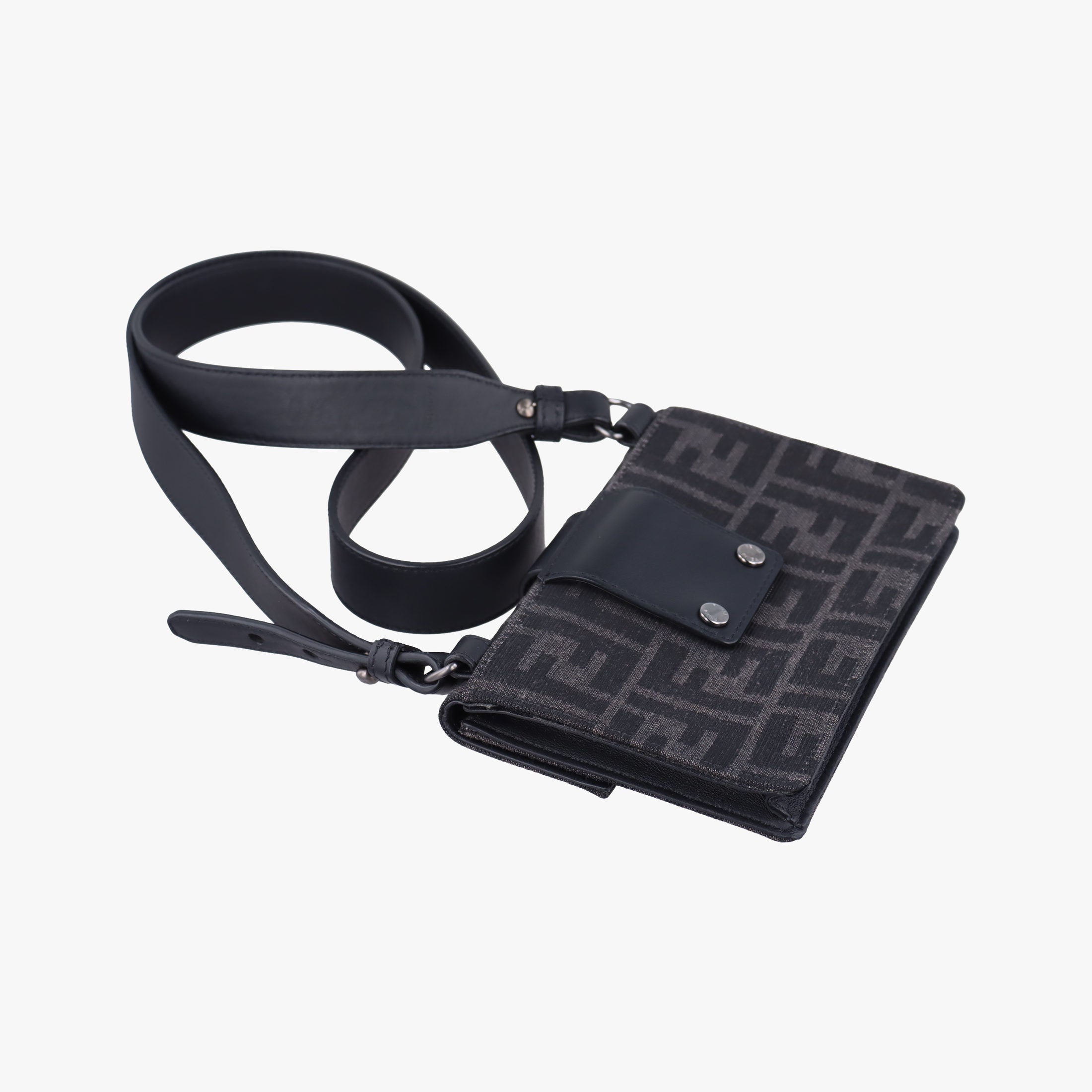 Pre-owned Fendi FF Logo Baguette slim Black x Gray canvas×Leather 7M0295 shoulderbag | stylenewstar