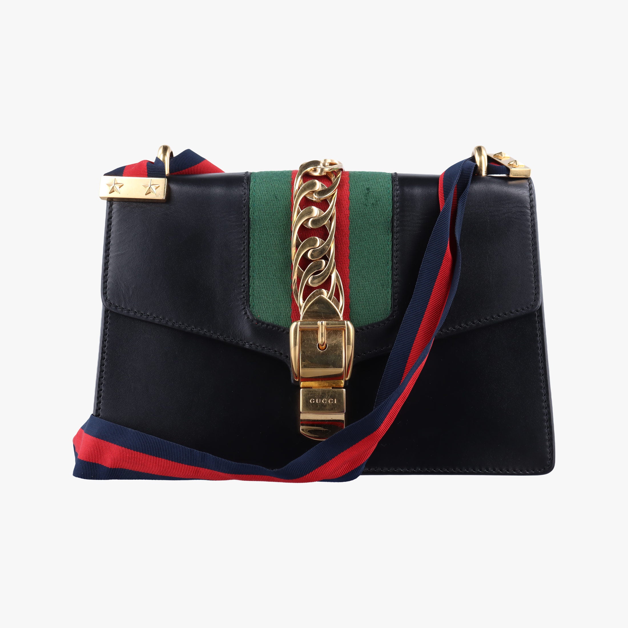 Pre-owned Gucci Sylvie Black×GREEN×RED Leather 421882 shoulderbag | stylenewstar