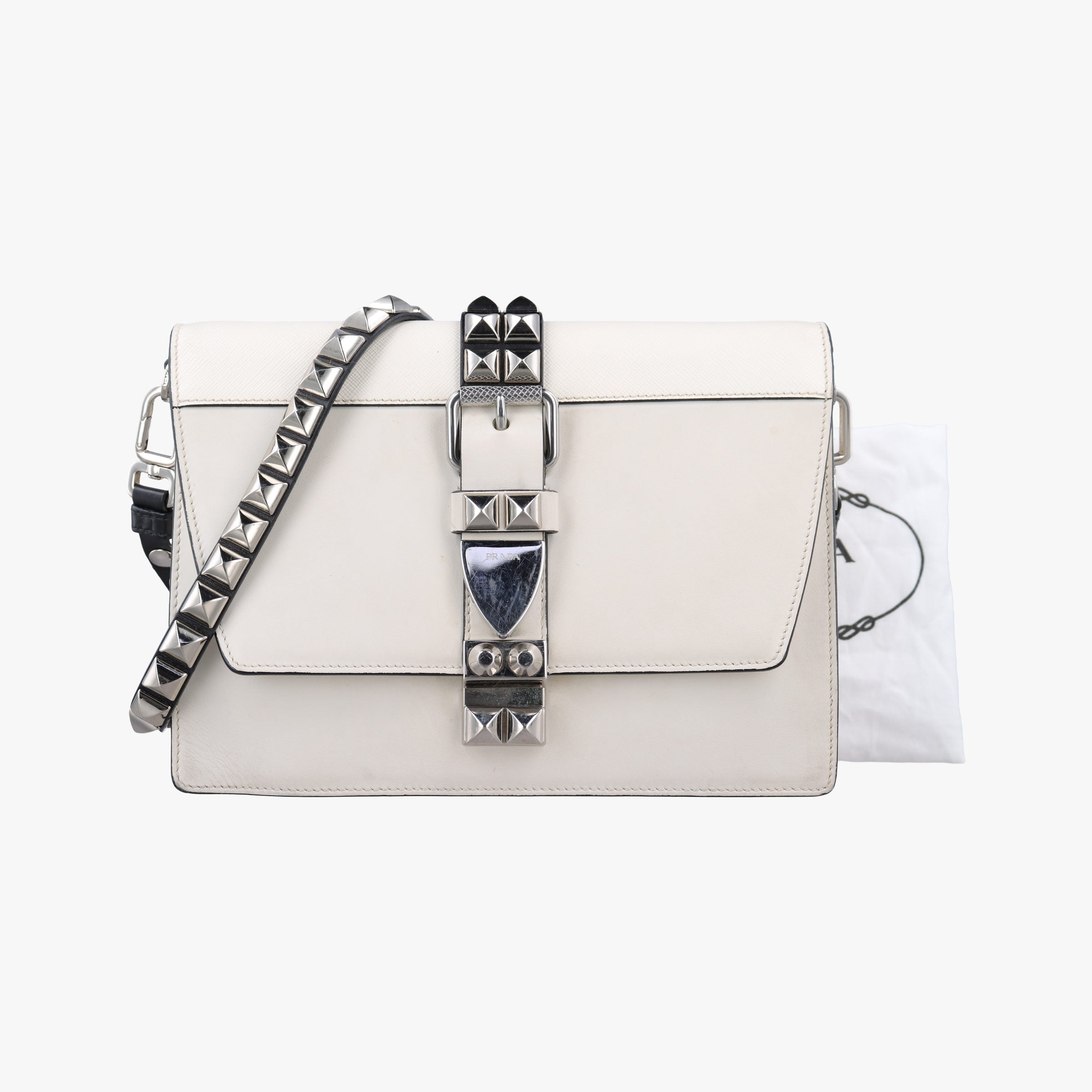 Pre-owned Prada Electra Studded White leather 1BD120 shoulderbag | stylenewstar