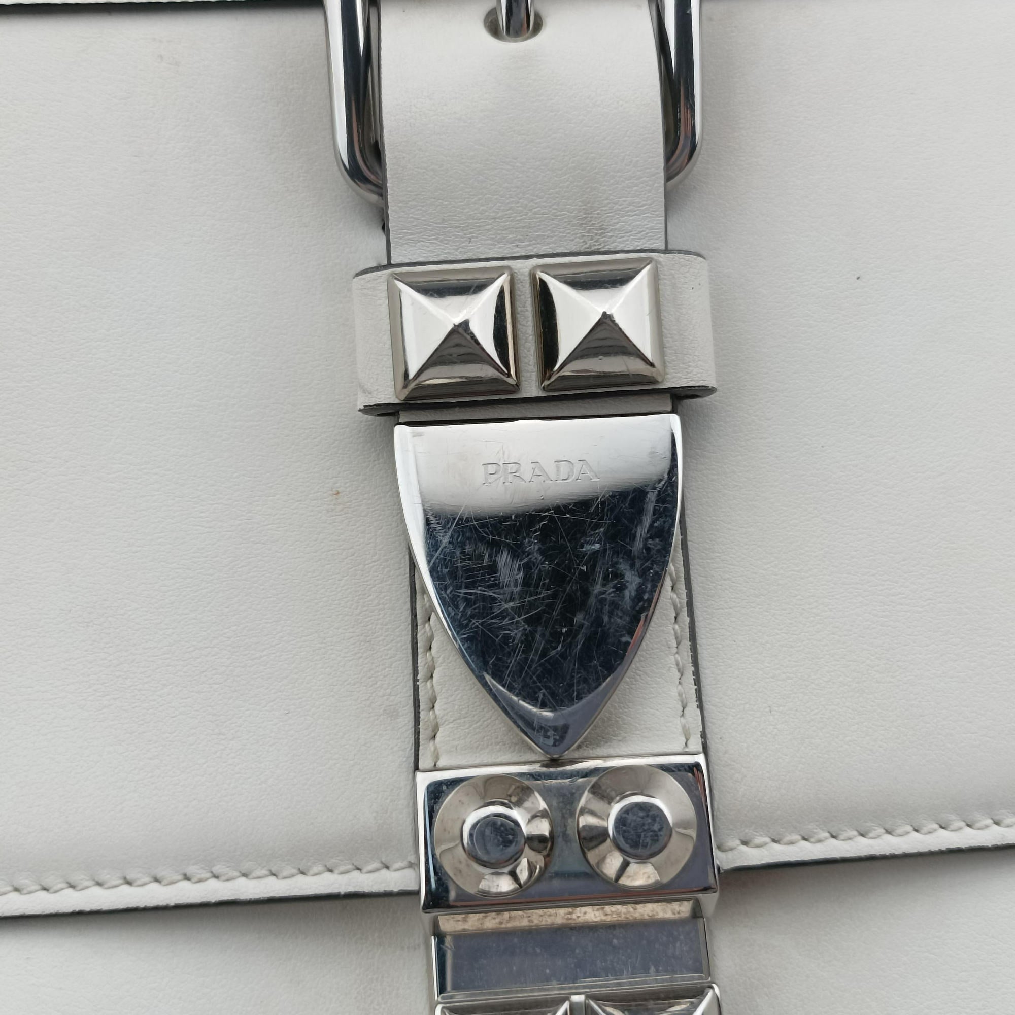 Pre-owned Prada Electra Studded White leather 1BD120 shoulderbag | stylenewstar