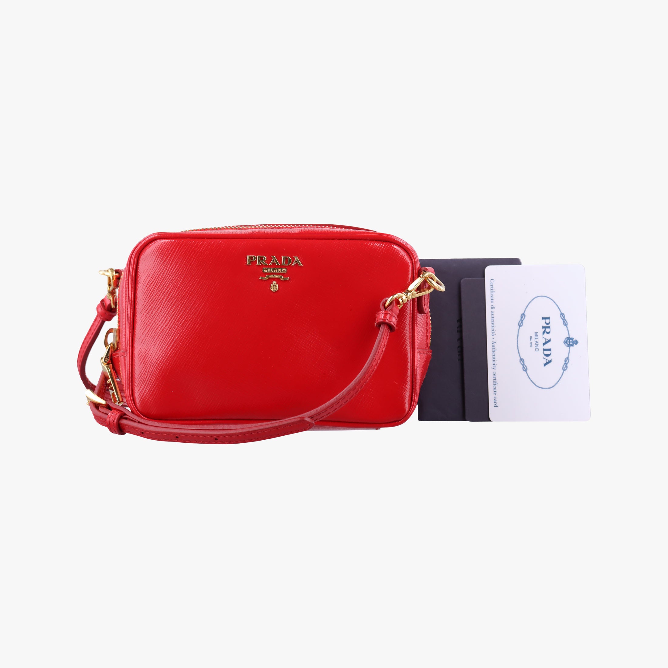 Pre-owned Prada VITELLO PHENIX Messenger Camera Red patent 1N1674 shoulderbag | stylenewstar