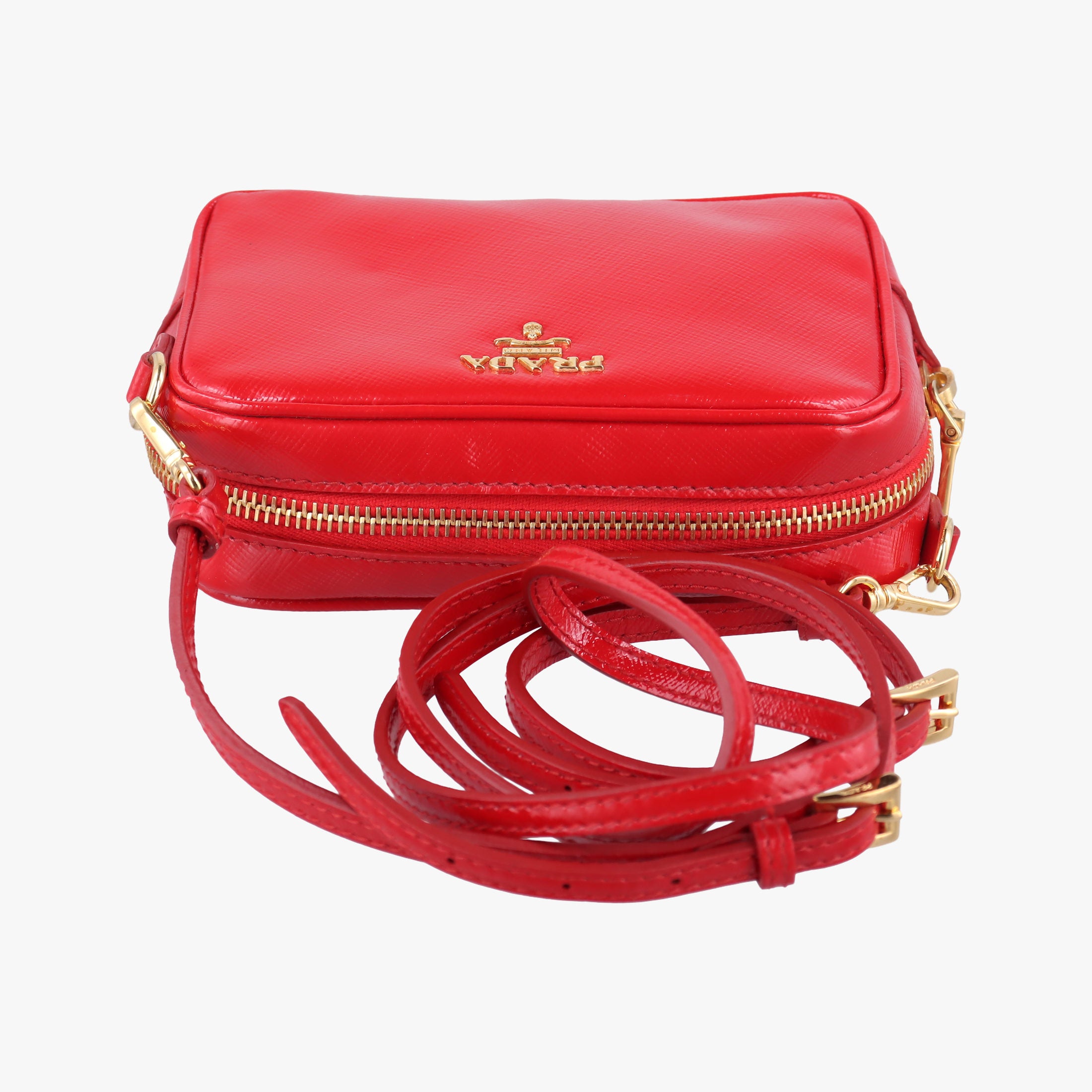 Pre-owned Prada VITELLO PHENIX Messenger Camera Red patent 1N1674 shoulderbag | stylenewstar