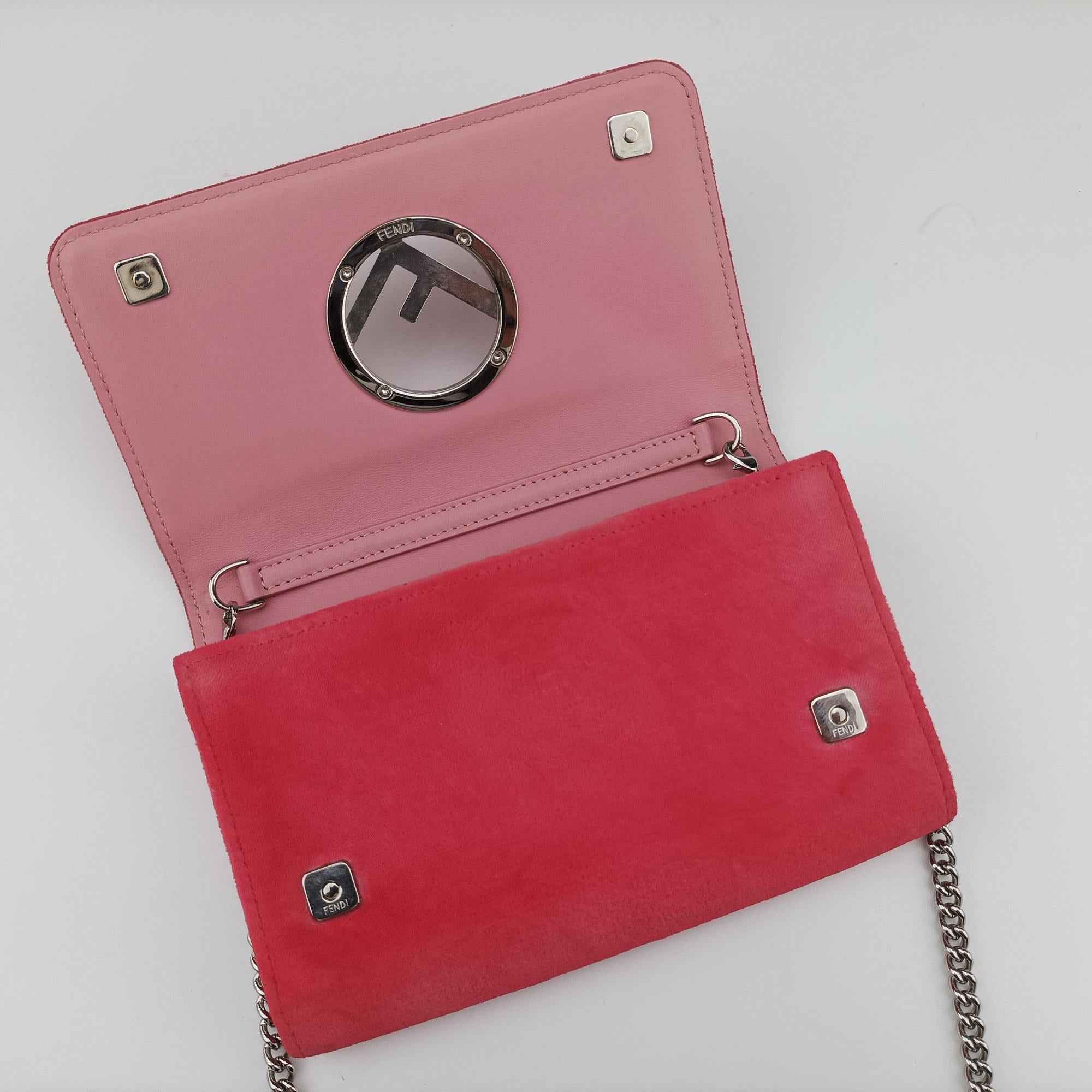 Pre-owned Fendi Kan I F Logo Pink velour 8BS012 shoulderbag | stylenewstar
