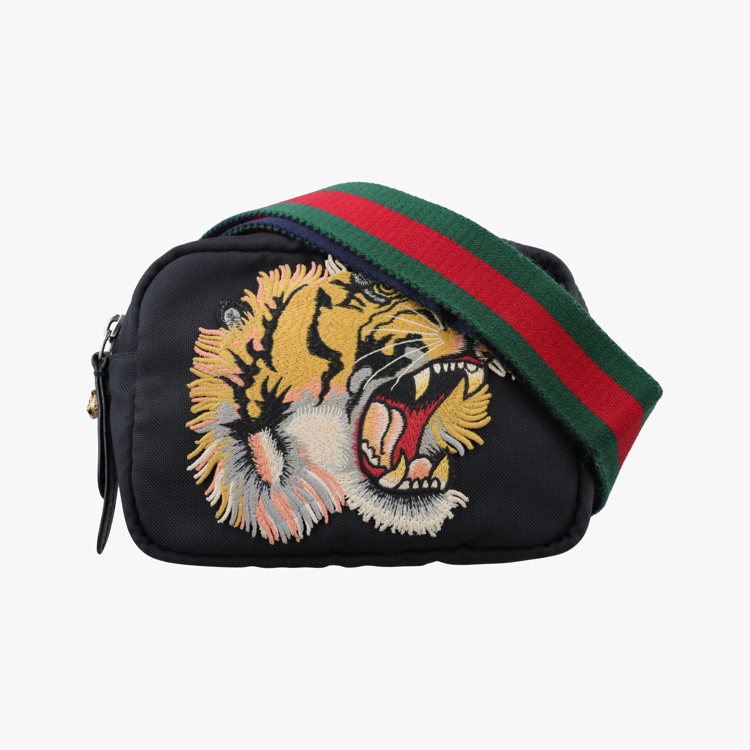 Pre-owned Gucci Tiger Embroidered Web Messenger Black×Multicolour Canvas 523323 bum bag/waist bag | stylenewstar