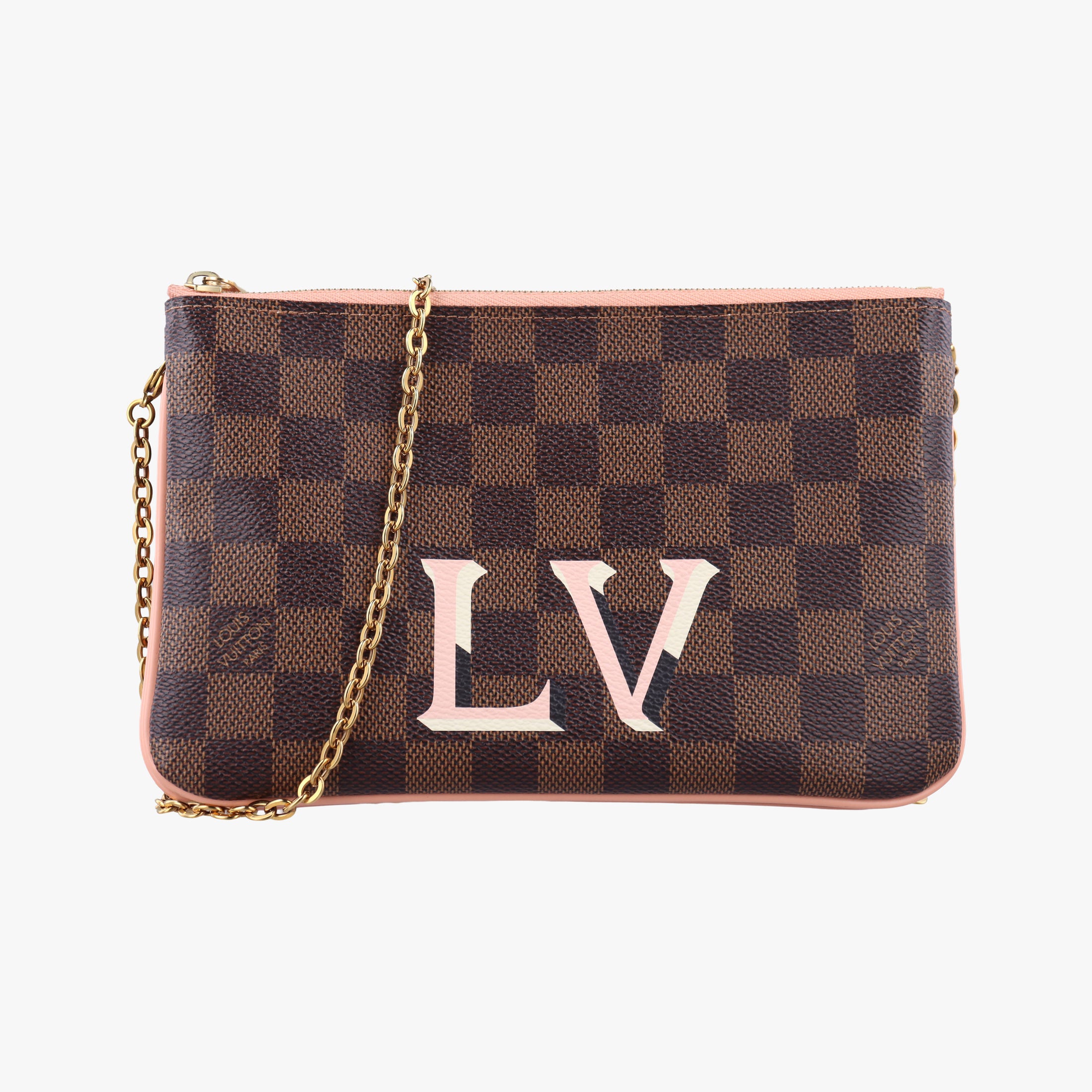 Pre-owned Louis Vuitton Pochette Double Zip EBENE×Rose Ballerine Damier Canvas N60254 shoulderbag | stylenewstar