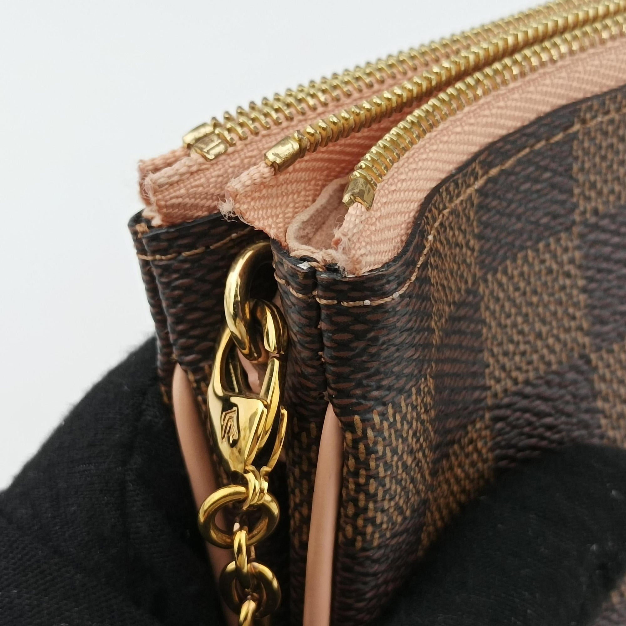 Pre-owned Louis Vuitton Pochette Double Zip EBENE×Rose Ballerine Damier Canvas N60254 shoulderbag | stylenewstar