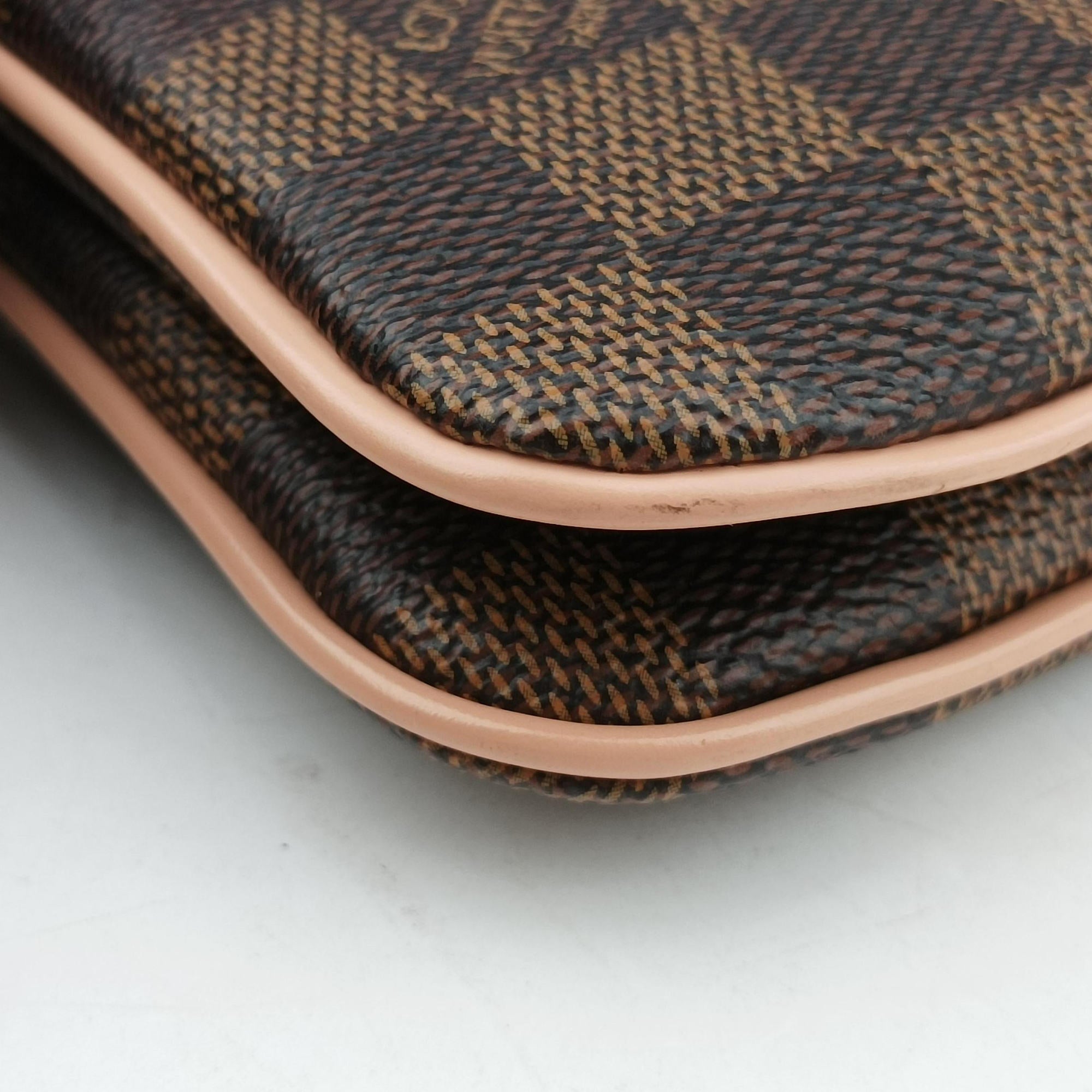 Pre-owned Louis Vuitton Pochette Double Zip EBENE×Rose Ballerine Damier Canvas N60254 shoulderbag | stylenewstar