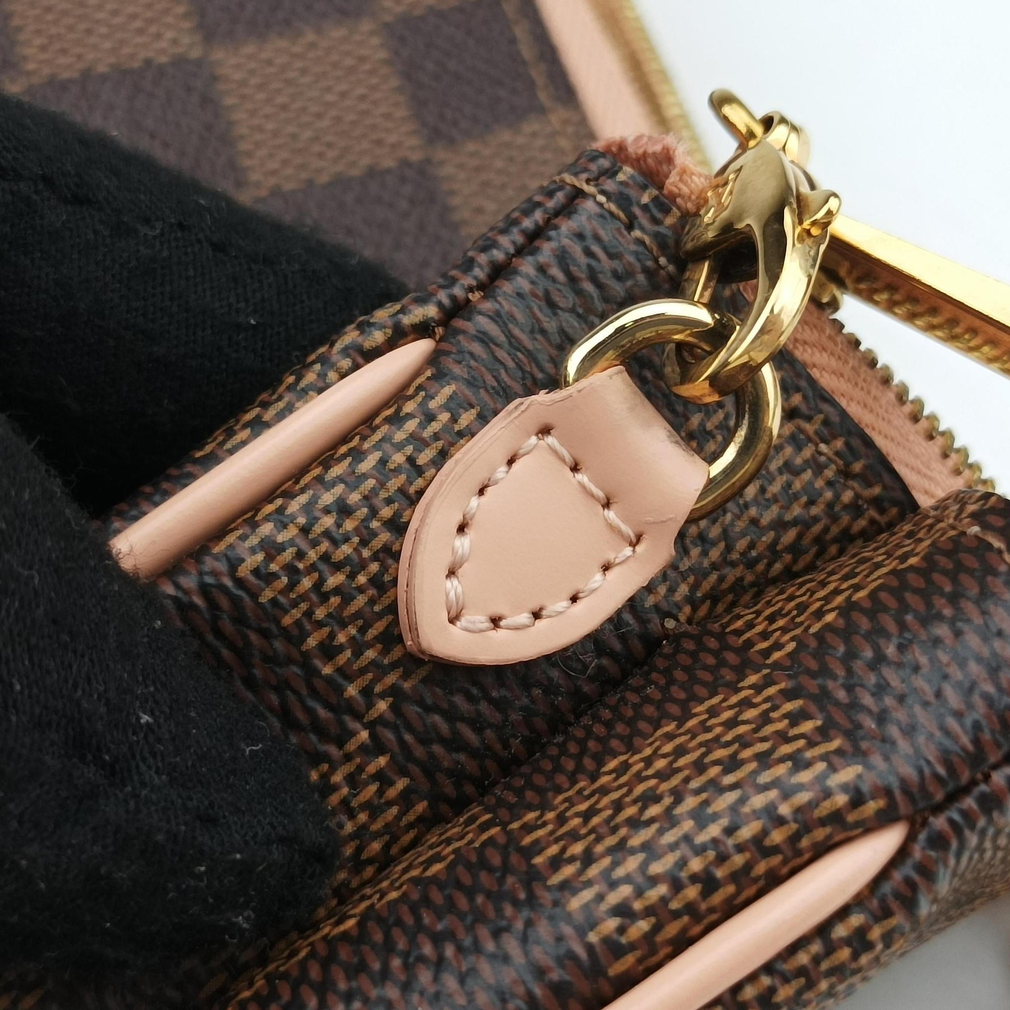 Pre-owned Louis Vuitton Pochette Double Zip EBENE×Rose Ballerine Damier Canvas N60254 shoulderbag | stylenewstar