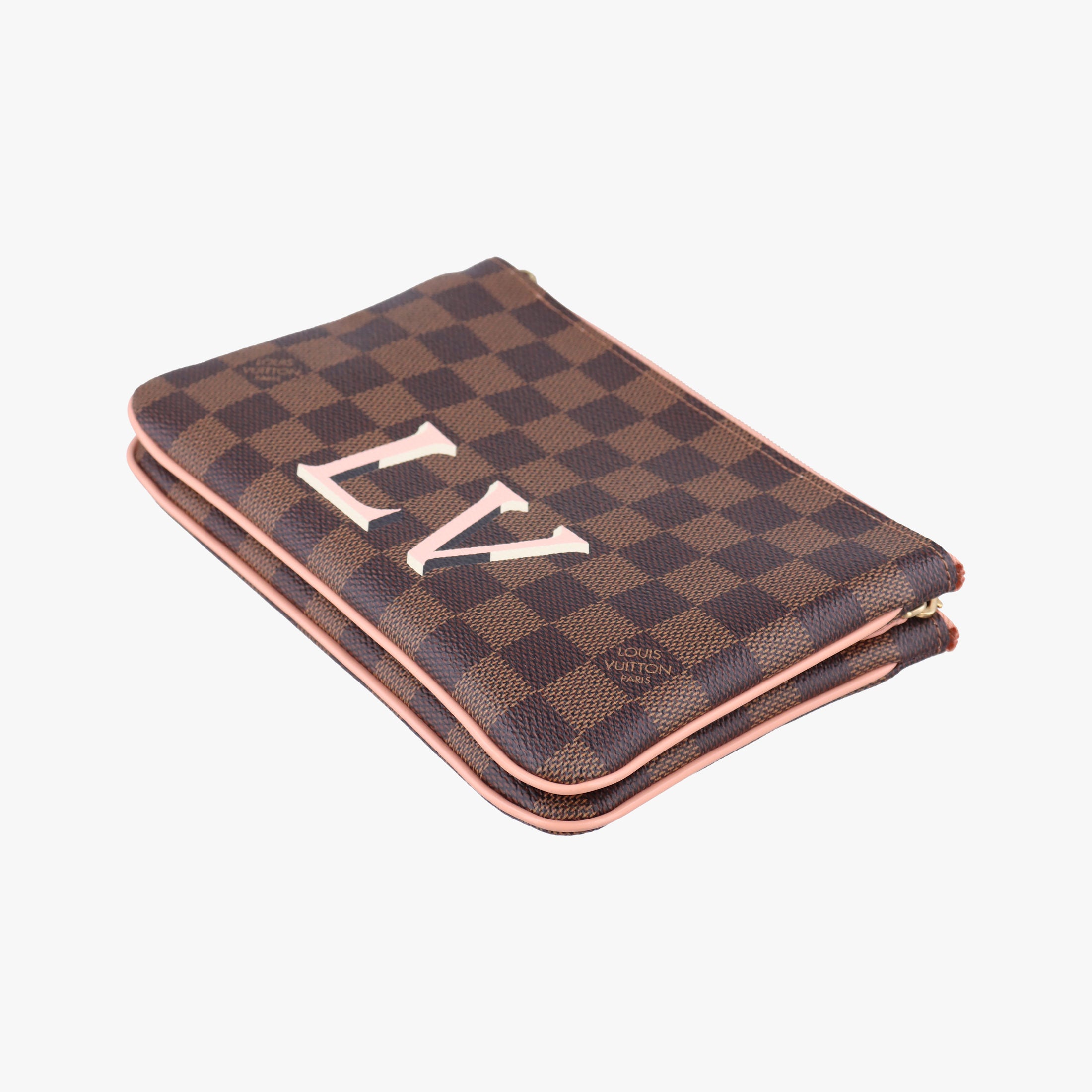 Pre-owned Louis Vuitton Pochette Double Zip EBENE×Rose Ballerine Damier Canvas N60254 shoulderbag | stylenewstar