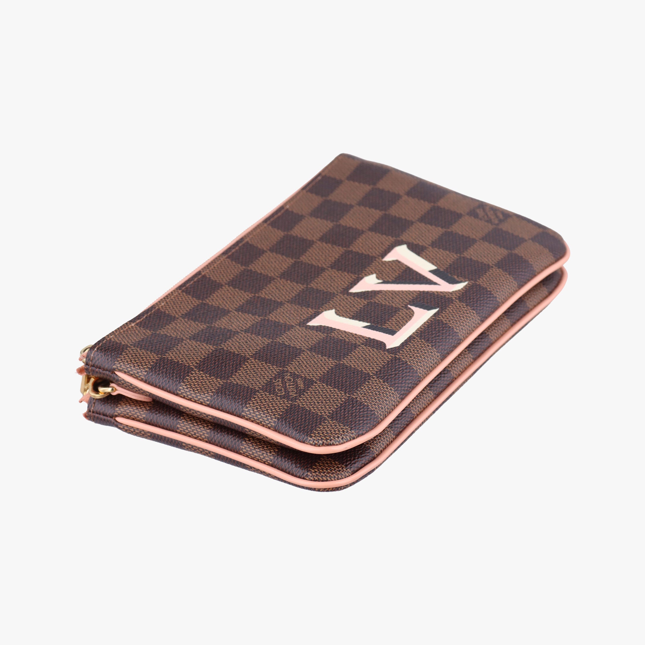 Pre-owned Louis Vuitton Pochette Double Zip EBENE×Rose Ballerine Damier Canvas N60254 shoulderbag | stylenewstar